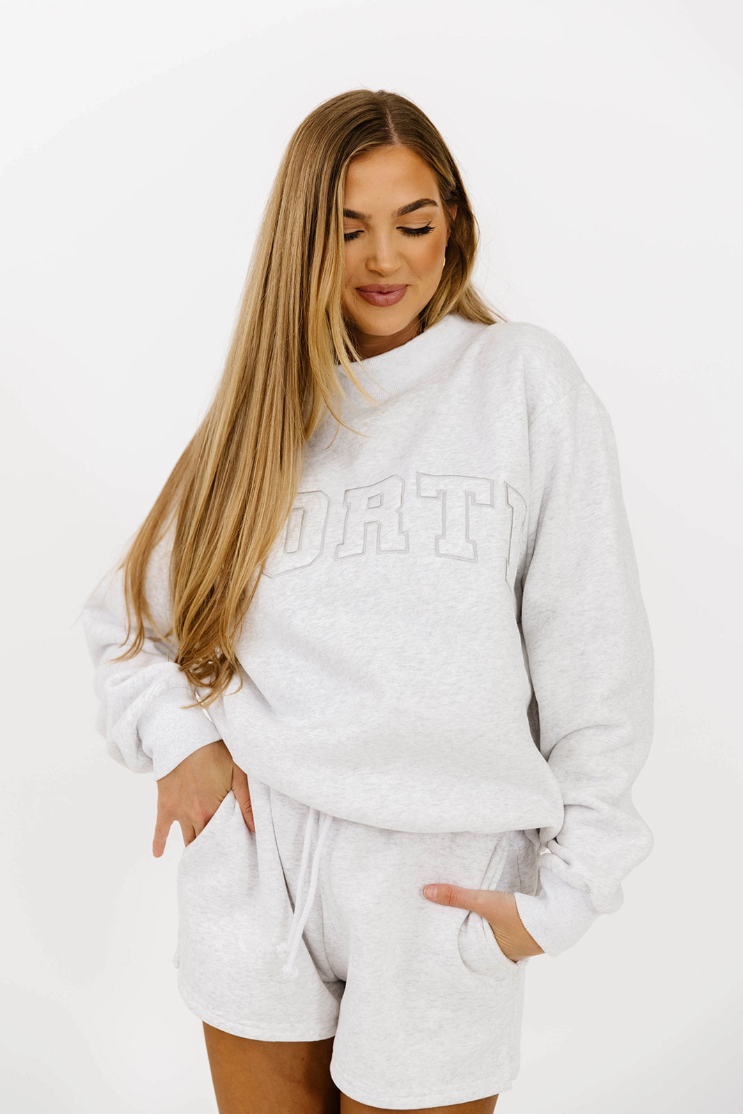 WORTH Tone On Tone Embroidered Mockneck Sweatshirt in Pearl Grey standard fit Cozy Sweater