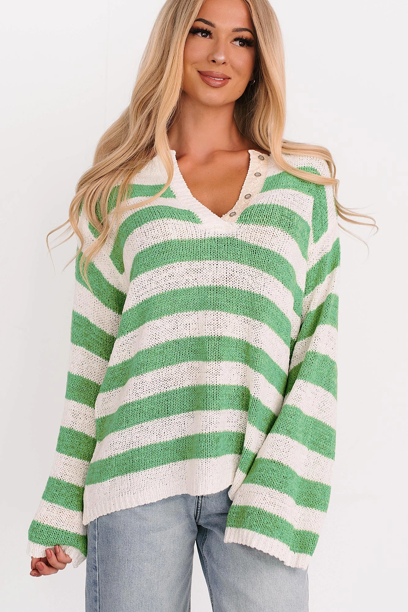 Buttery Soft Handfeel All Dressed Down Striped Knit POL Sweater (Green/Multi)