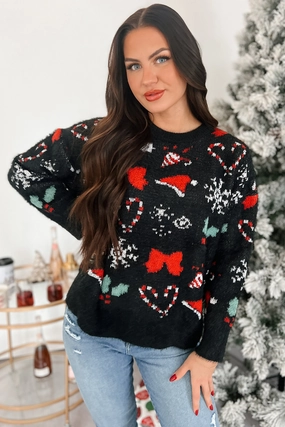 Minimalist Collar Just Christmas Things Oversized Holiday Sweater (Black Multi)