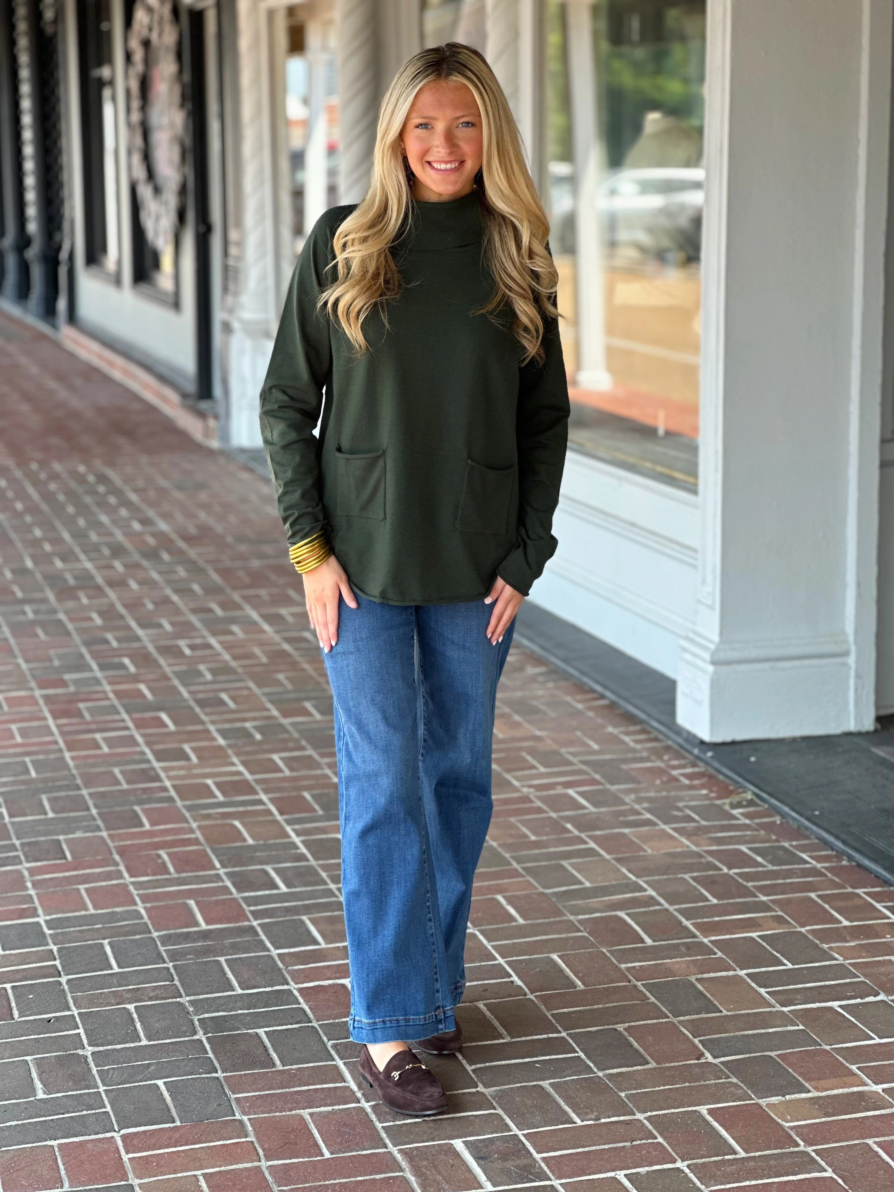 Interlock Knit DropShoulderConstruction French Dressing Cowl Neck Sweater in Spruce