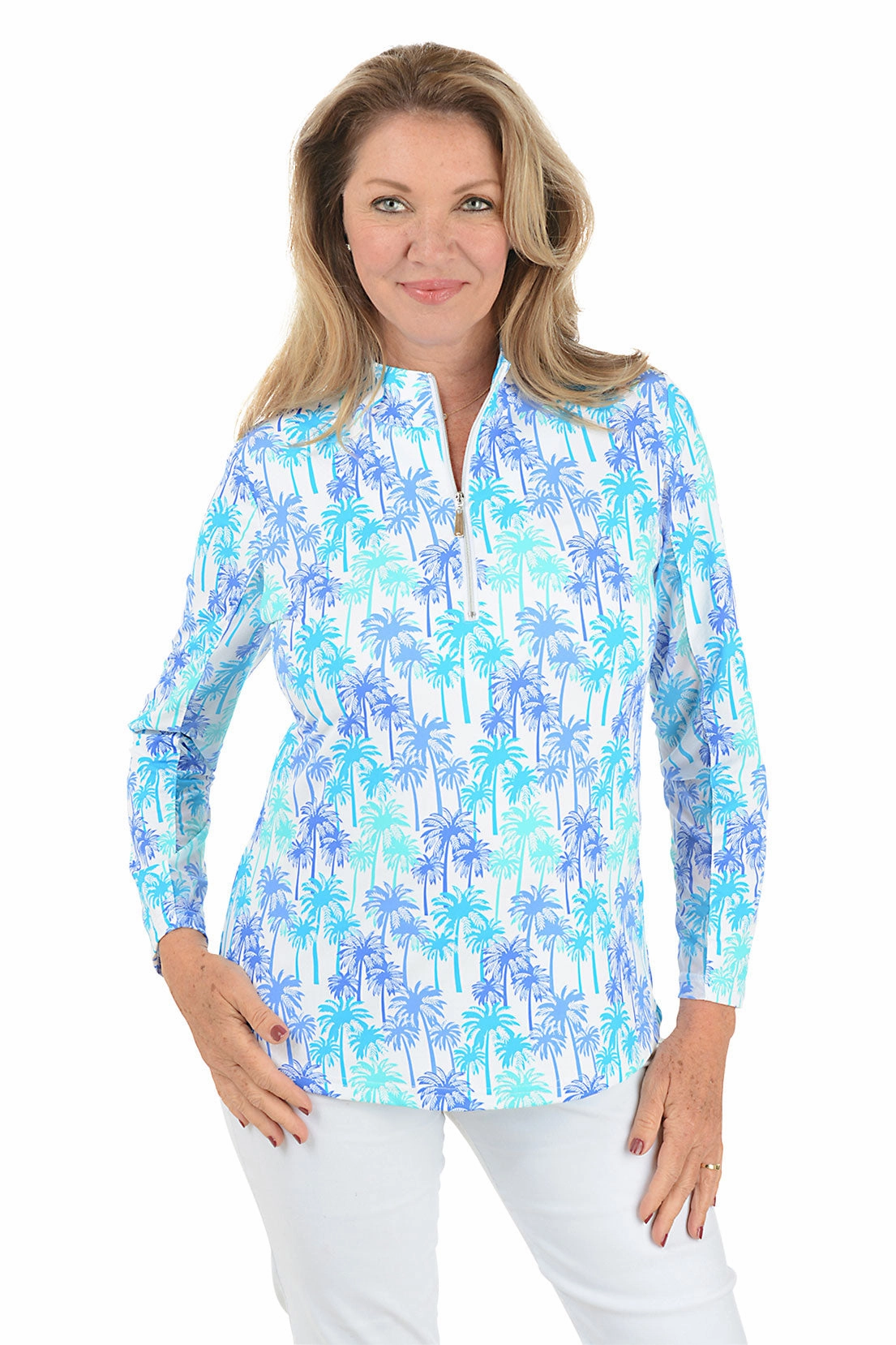 Reinforced Hem Stitching Daylight Palms Cooling UPF50  Mock Neck Top