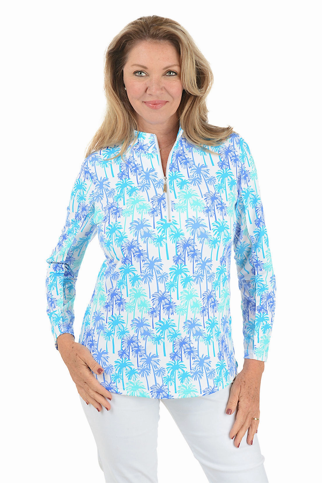 Daylight Palms Cooling UPF50  Mock Neck Top Durable Stitch Pattern Wrinkle Free Texture