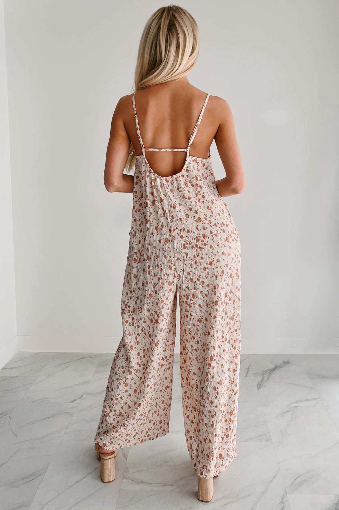 Durable Interlock Stitch VNeck Style Homebody Heaven Pleated Wide Leg Jumpsuit (Cream Floral)