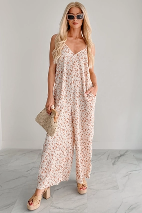 Homebody Heaven Pleated Wide Leg Jumpsuit (Cream Floral) Cozy Blouse Fashionable Tank