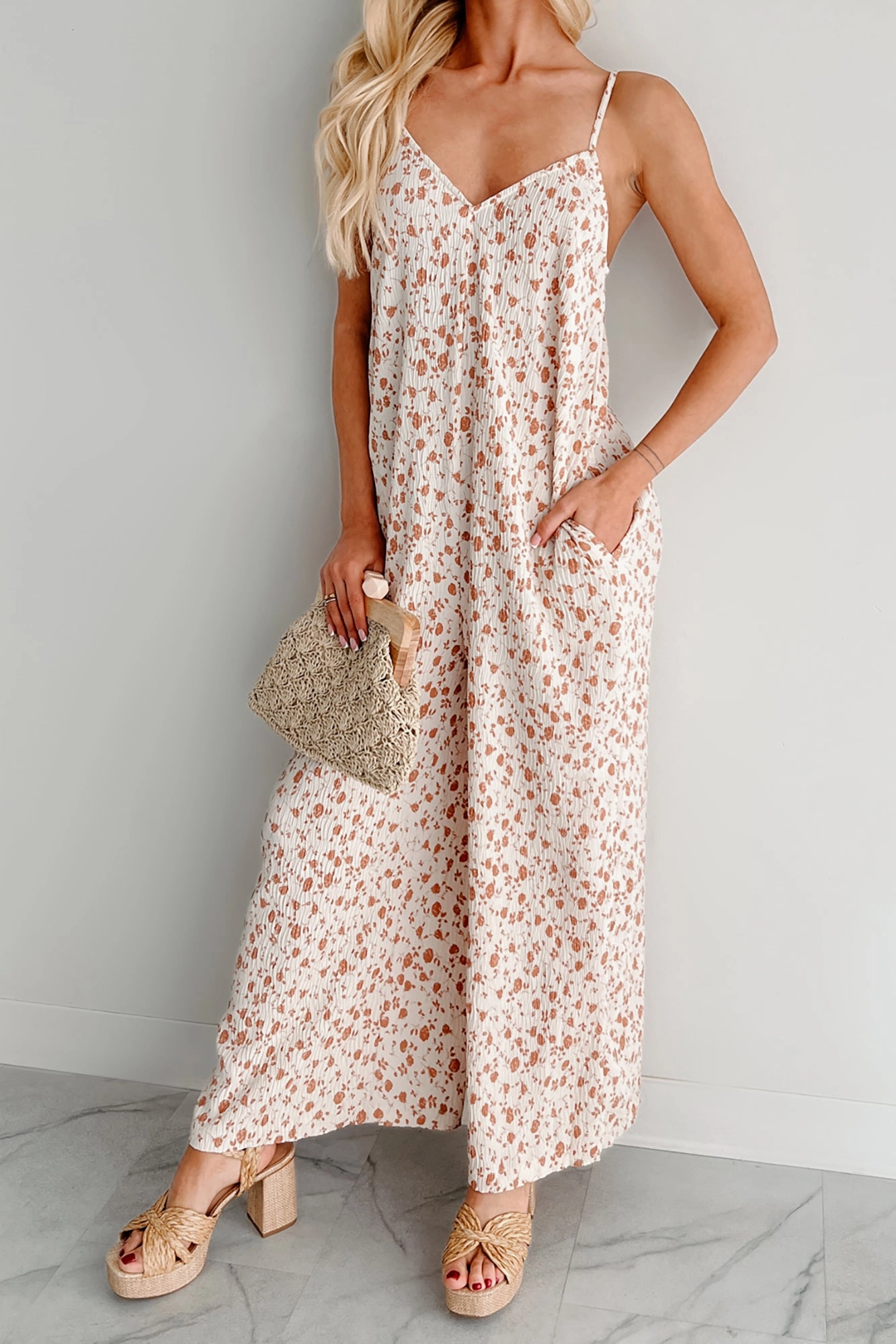 Reflective Logo Detail TaglessComfort Homebody Heaven Pleated Wide Leg Jumpsuit (Cream Floral)