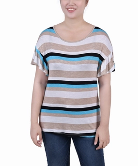 Hidden Pocket DropShoulderConstruction Petite Short Flutter Sleeve Top
