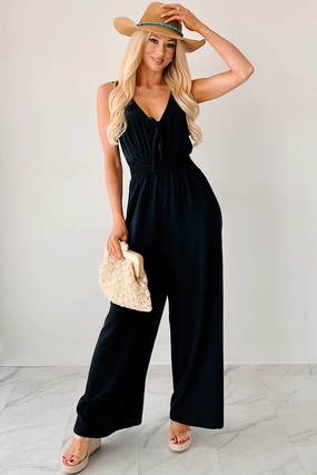High Collar Protection Design Nature's Glow Linen Smocked Waist Jumpsuit (Black)