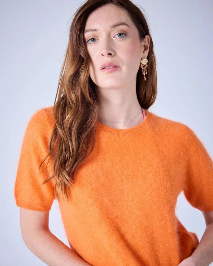 Amaya Brushed Cashmere Round Neck Sweater Tumeric Noise Reducing Fabric Treatment Flatlock Stitching Technique