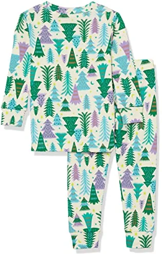 Amazon Essentials Unisex Toddlers' Snug-Fit Cotton Pajama Sleepwear Sets, 2-piece, Ecru Festive Tree, 3T