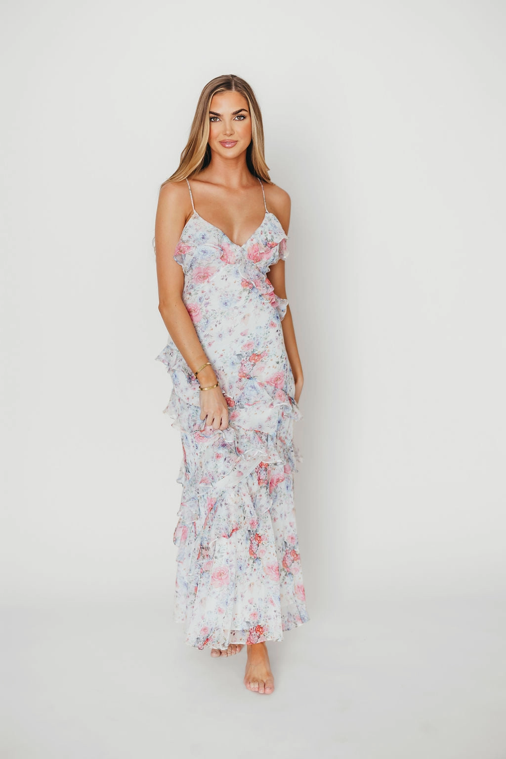 Amelia Ruffle Maxi Dress in White/Multi Floral Stylish Vibe