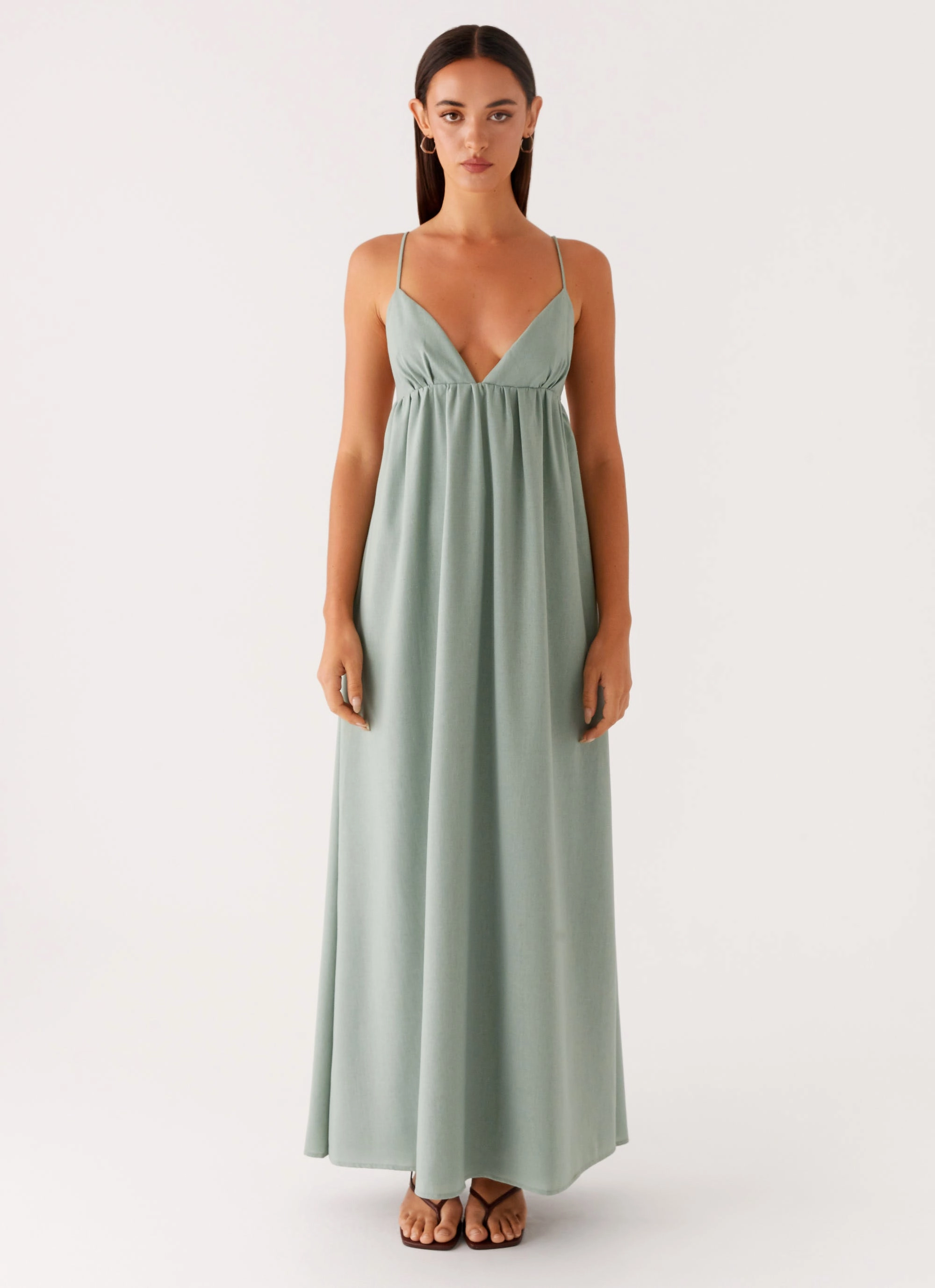 Greer Maxi Dress - Sage Sunset Scene Bell-Sleeve