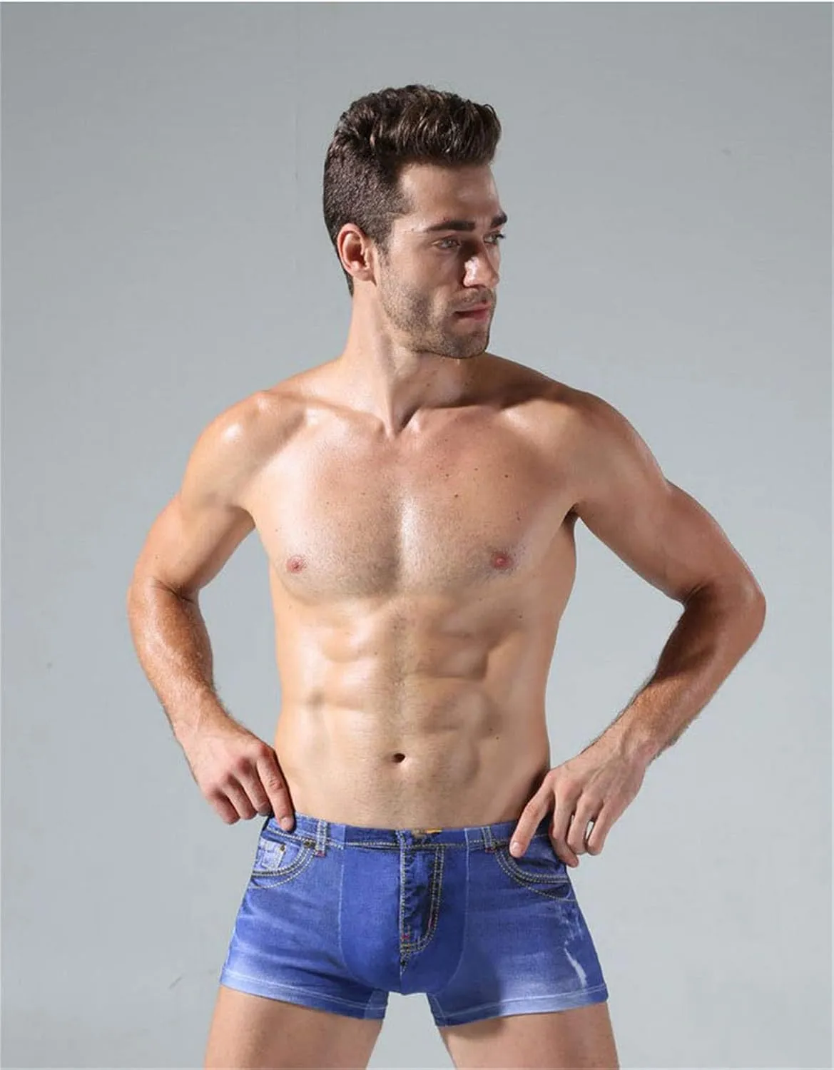 Andongnywell Men's Denim printed boxer briefs Mid-waist boxer briefs Sexy breathable big U convex design