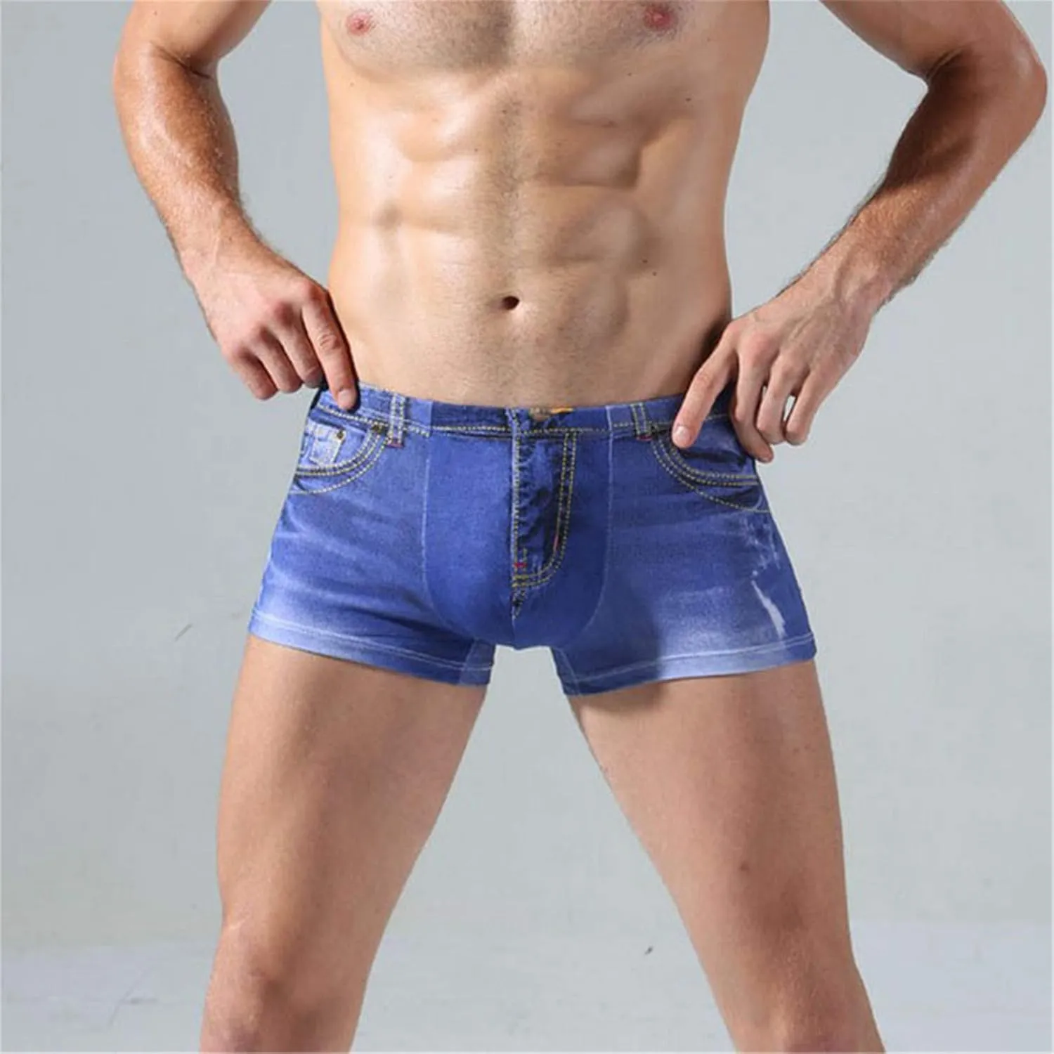 Andongnywell Men's Denim printed boxer briefs Mid-waist boxer briefs Sexy breathable big U convex design