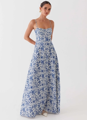 Angelina Linen Maxi Dress - Blue Paisley Stylish Layer