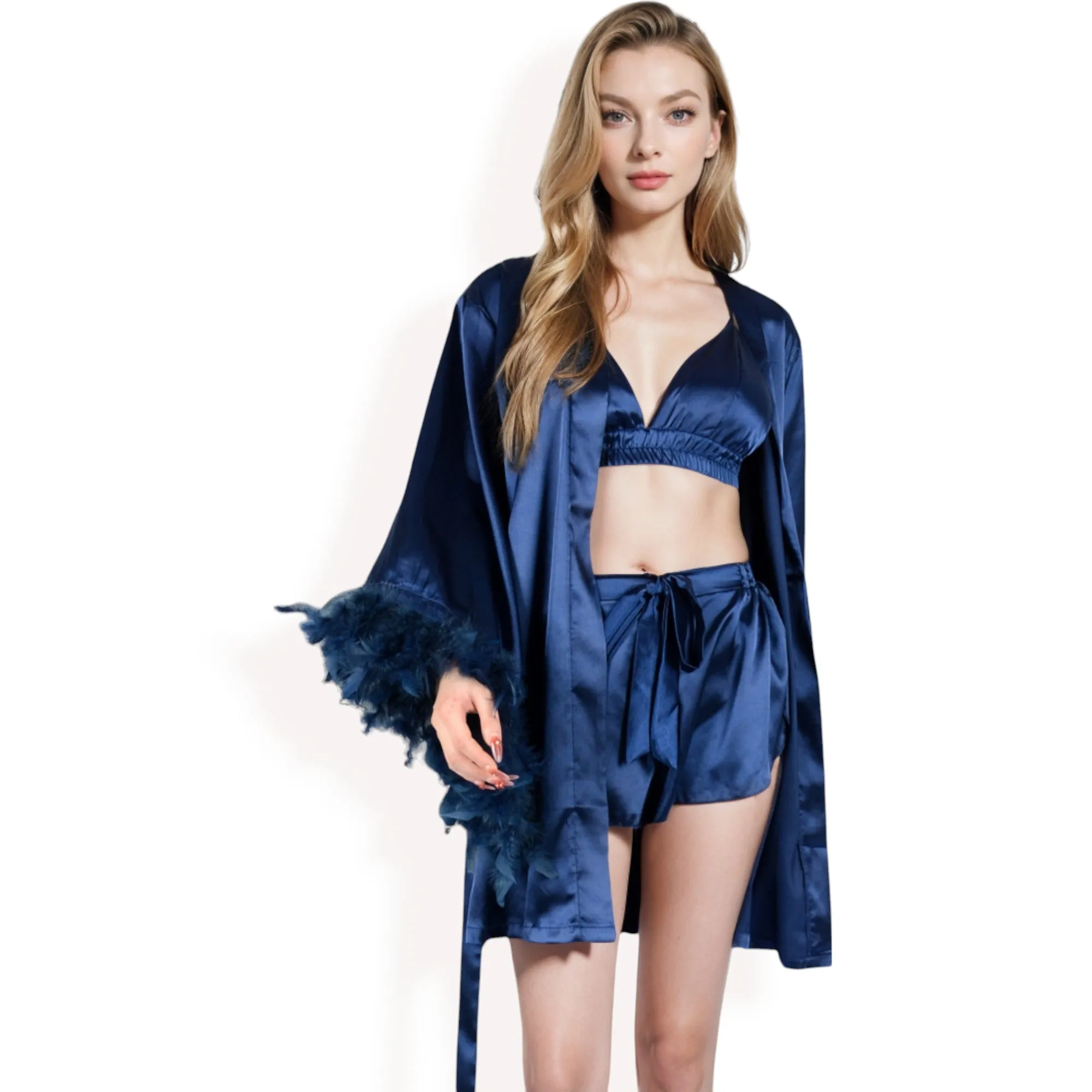 Anna-Kaci Women's Black Feather Trim Satin Robe with Bralette and High Waist Shorts Three-Piece Lounge Set