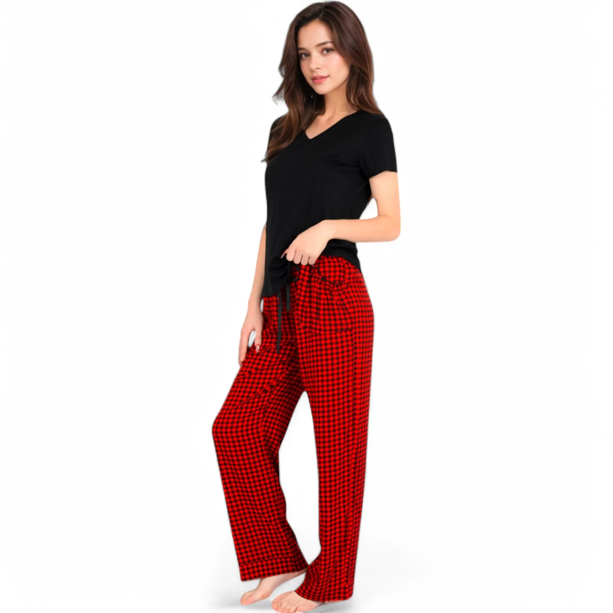 Anna-Kaci Women's Classic Plaid Pajama Set with Soft Short Sleeve Top and Relaxed Fit Elastic Waist Pants