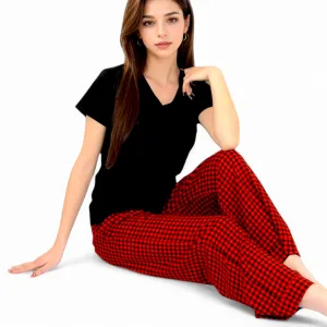 Anna-Kaci Women's Classic Plaid Pajama Set with Soft Short Sleeve Top and Relaxed Fit Elastic Waist Pants