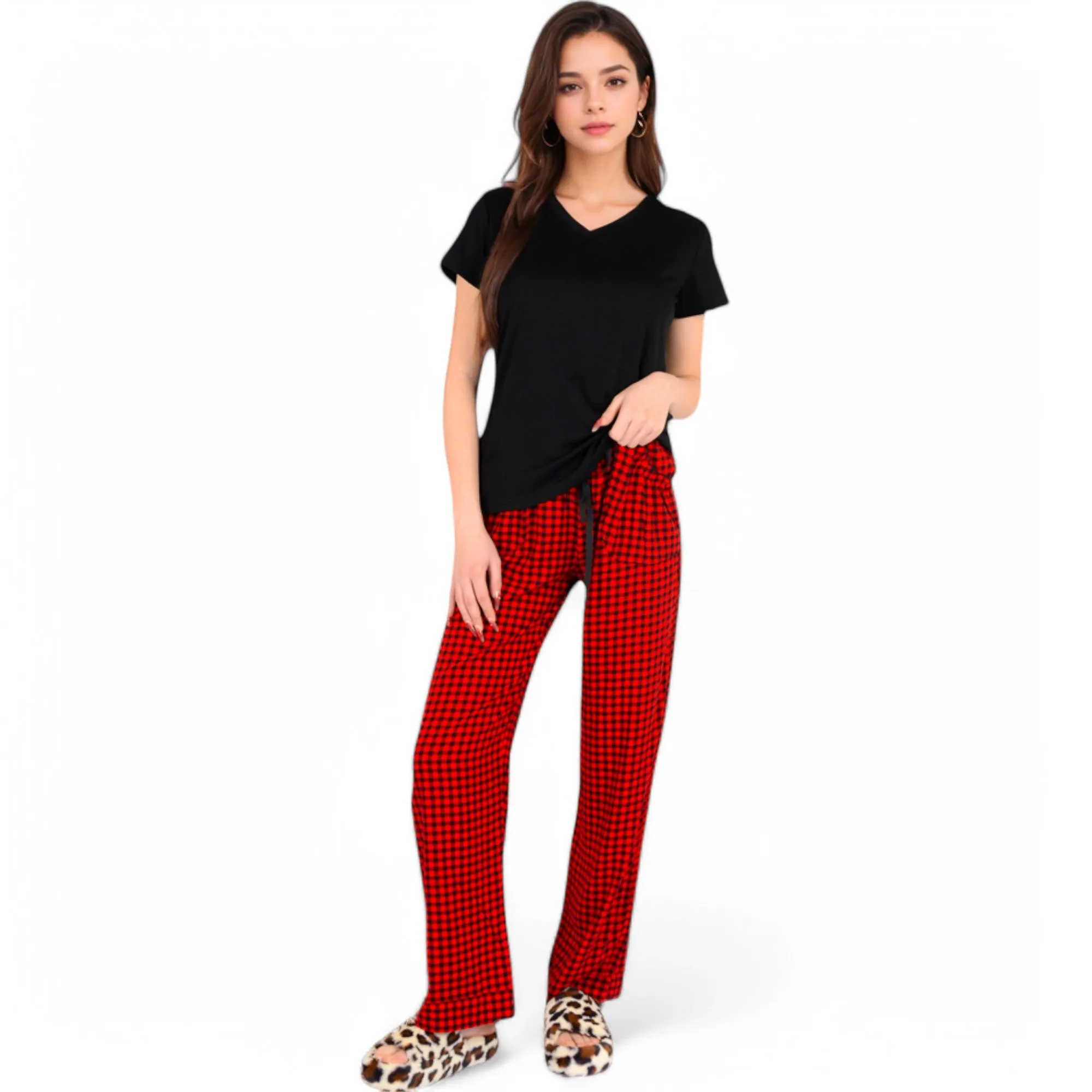 Anna-Kaci Women's Classic Plaid Pajama Set with Soft Short Sleeve Top and Relaxed Fit Elastic Waist Pants