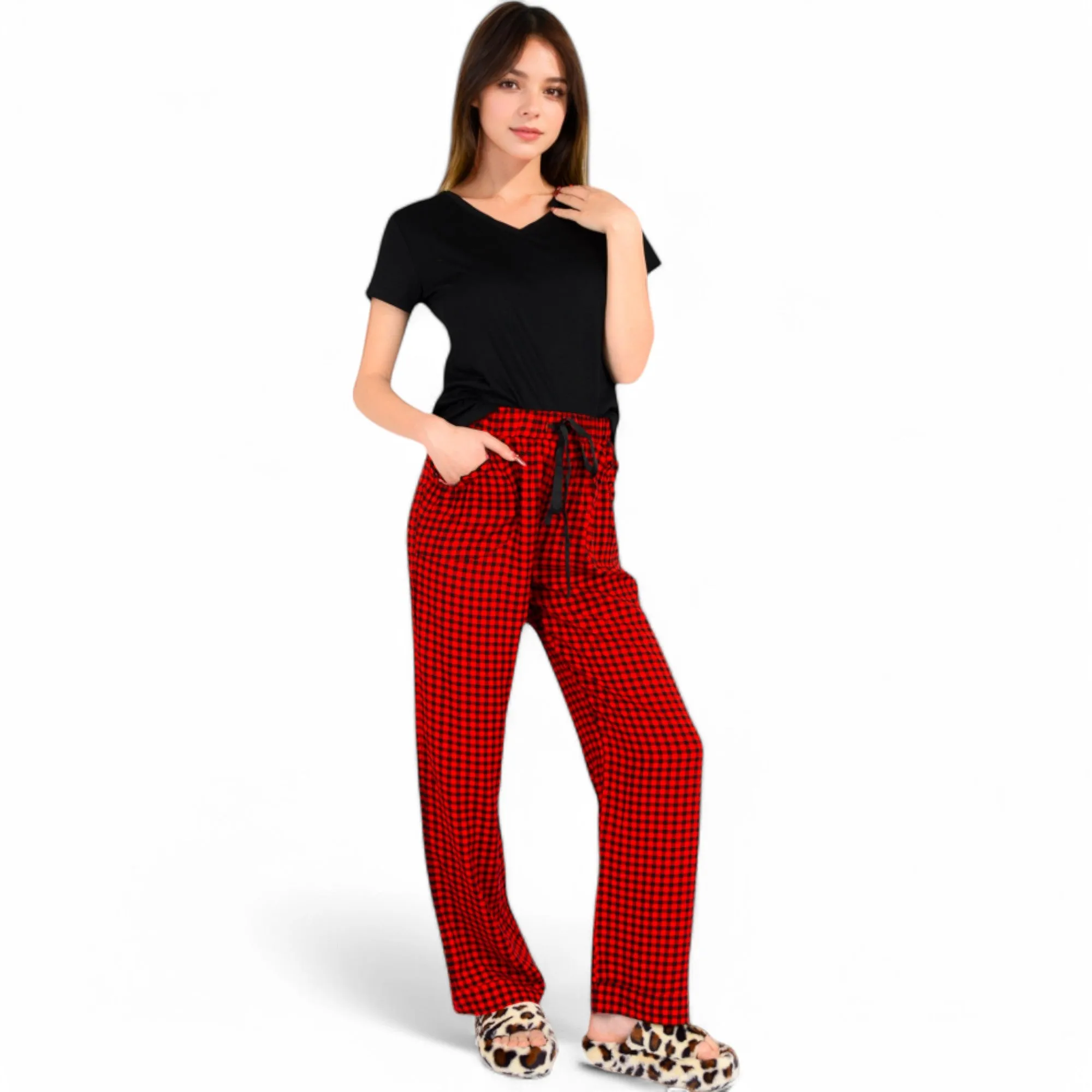 Anna-Kaci Women's Classic Plaid Pajama Set with Soft Short Sleeve Top and Relaxed Fit Elastic Waist Pants