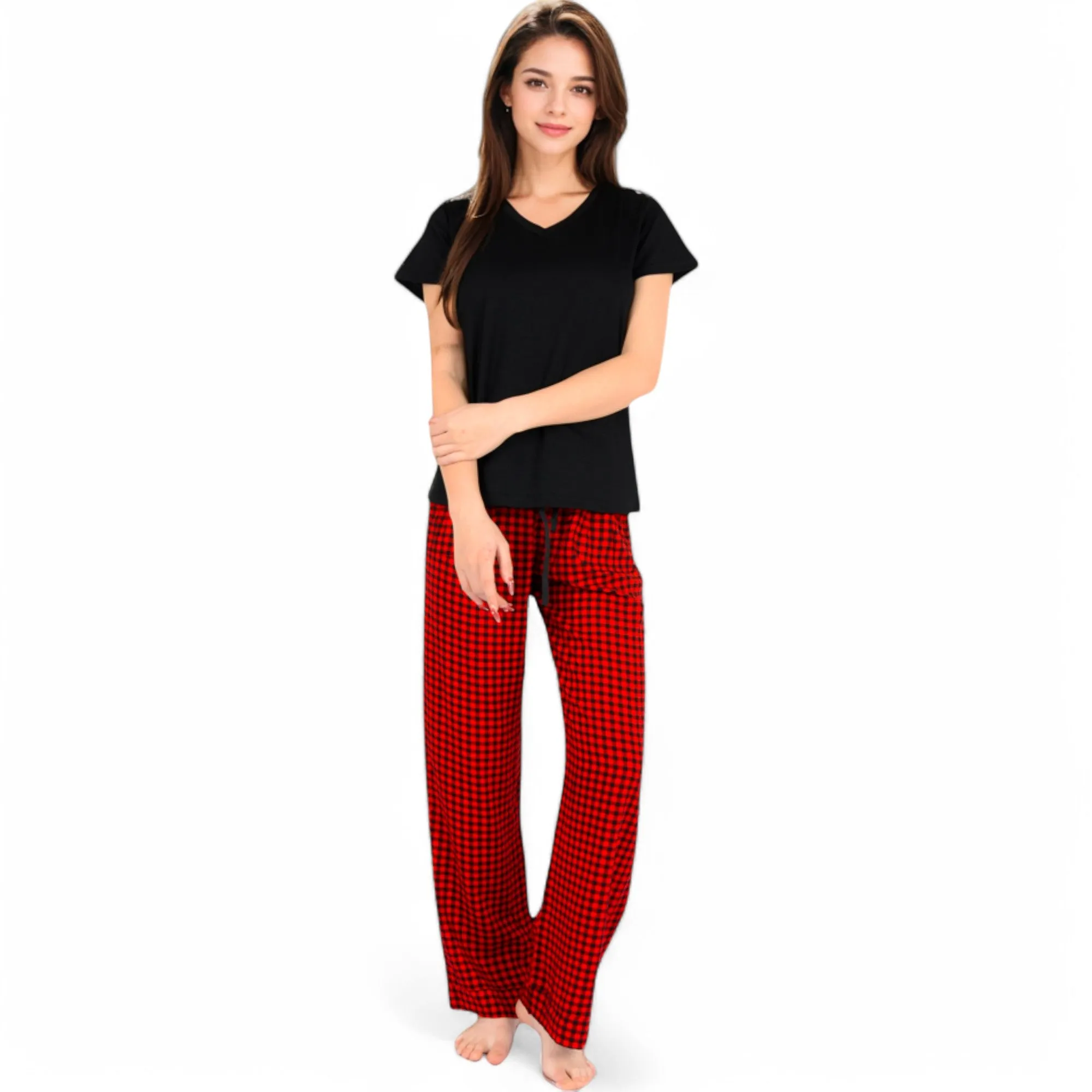 Anna-Kaci Women's Classic Plaid Pajama Set with Soft Short Sleeve Top and Relaxed Fit Elastic Waist Pants