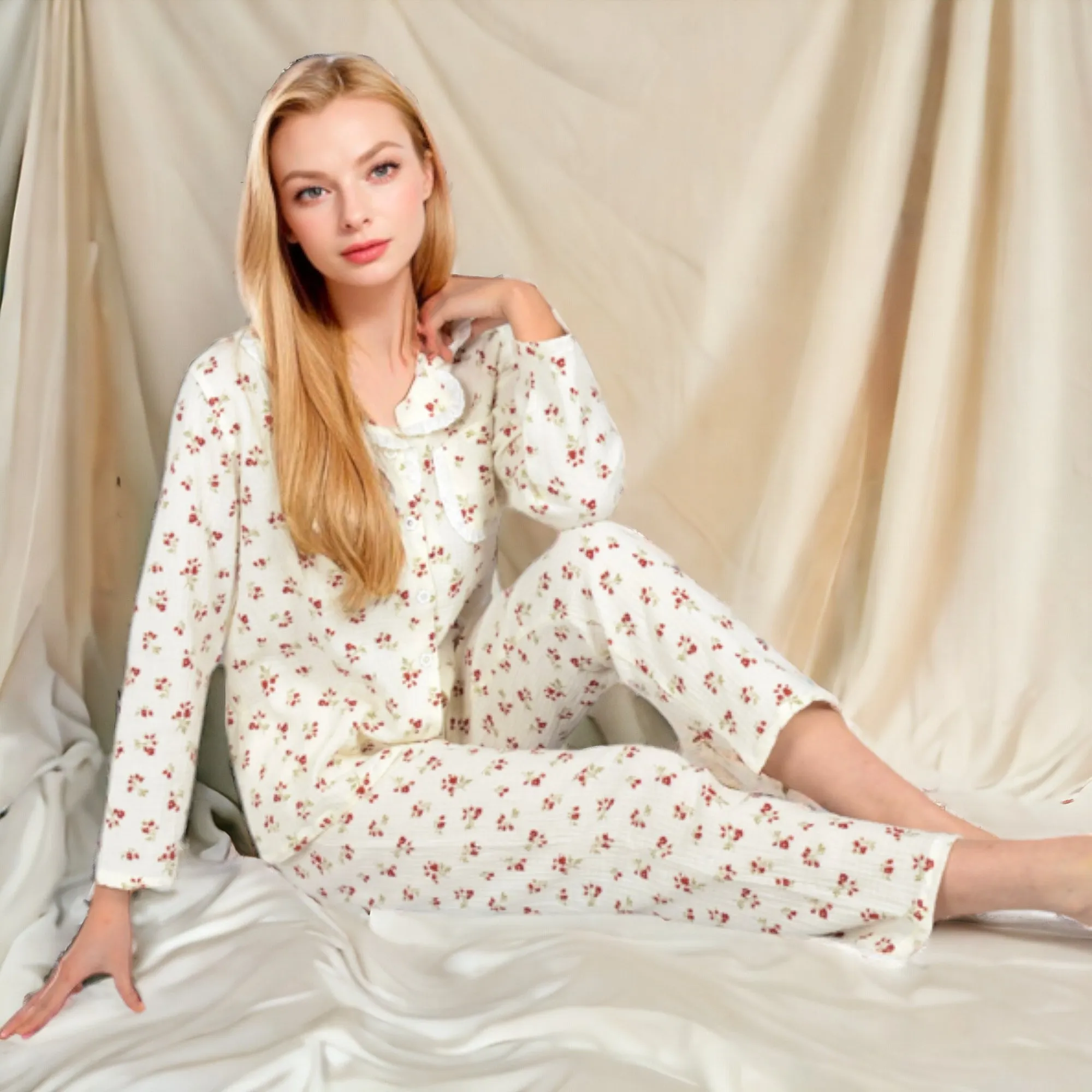 Anna-Kaci Women's Floral Print Button-Up Long Sleeve Pajama Set with Ruffle Details