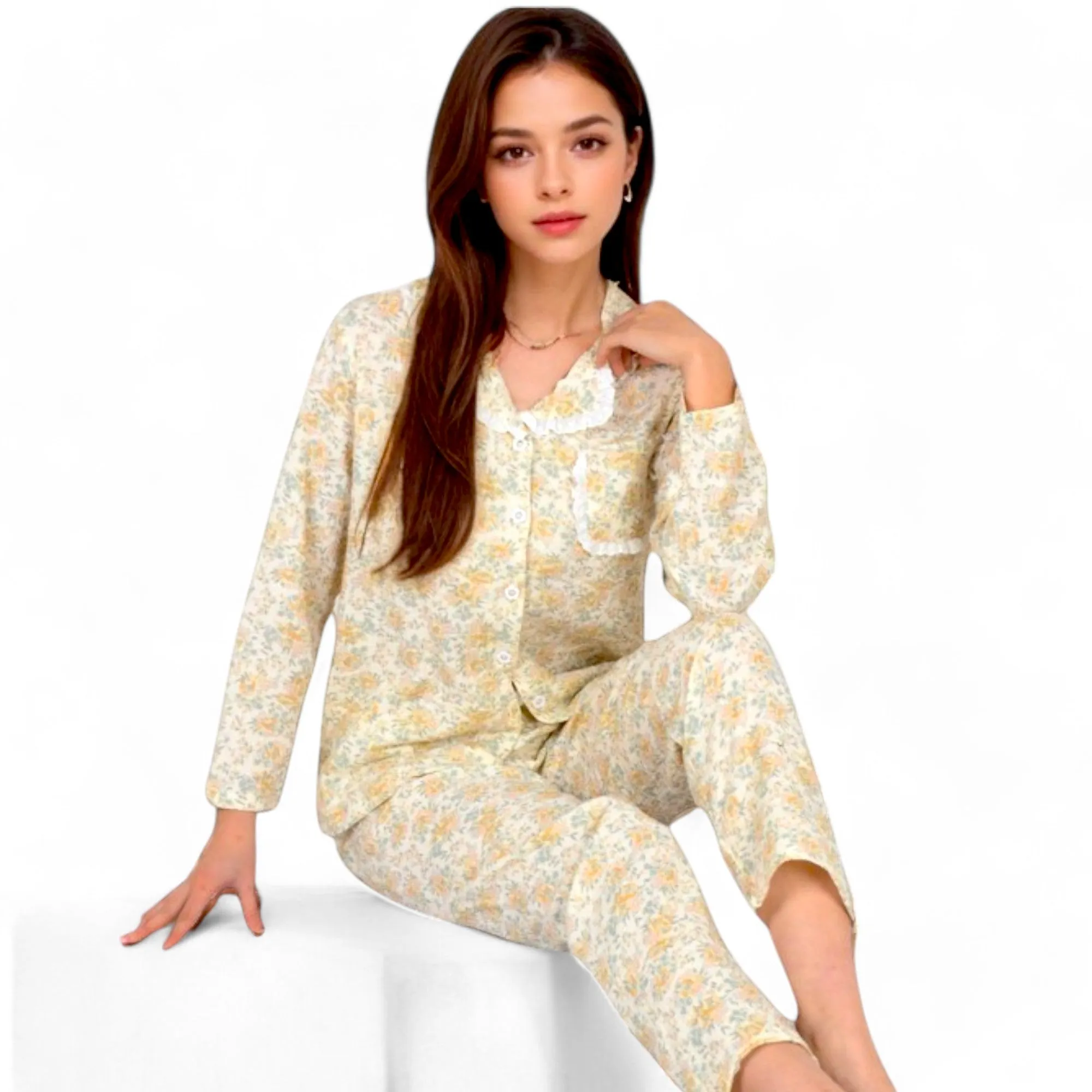 Anna-Kaci Women's Floral Print Button-Up Long Sleeve Pajama Set with Ruffle Details