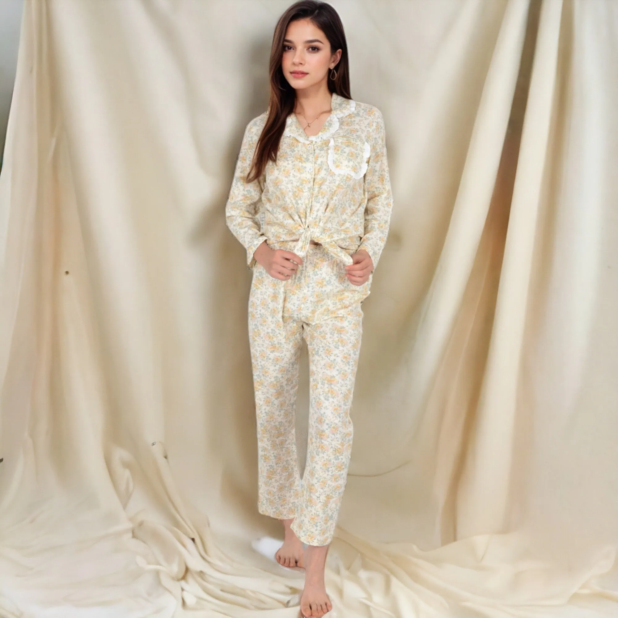 Anna-Kaci Women's Floral Print Button-Up Long Sleeve Pajama Set with Ruffle Details