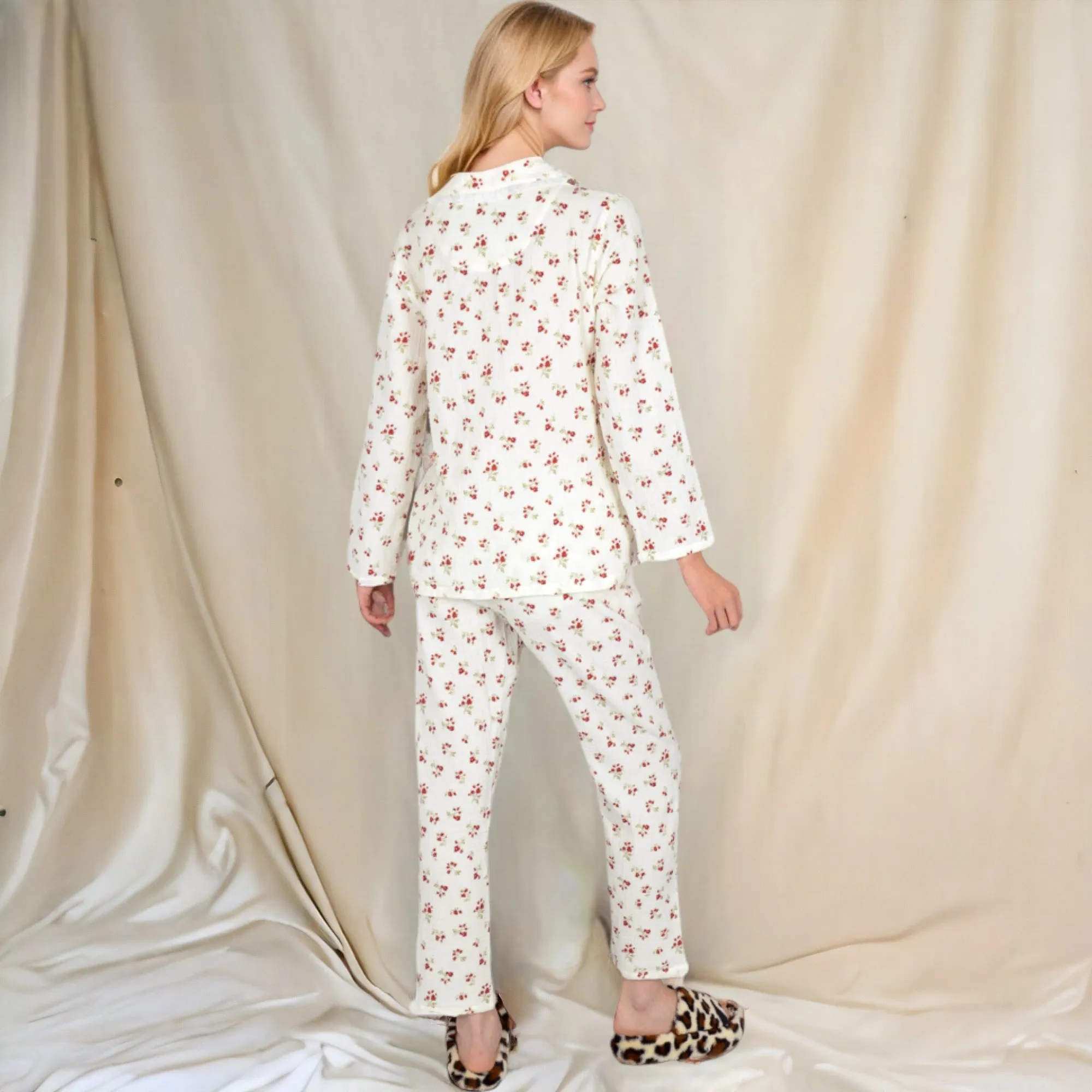 Anna-Kaci Women's Floral Print Button-Up Long Sleeve Pajama Set with Ruffle Details