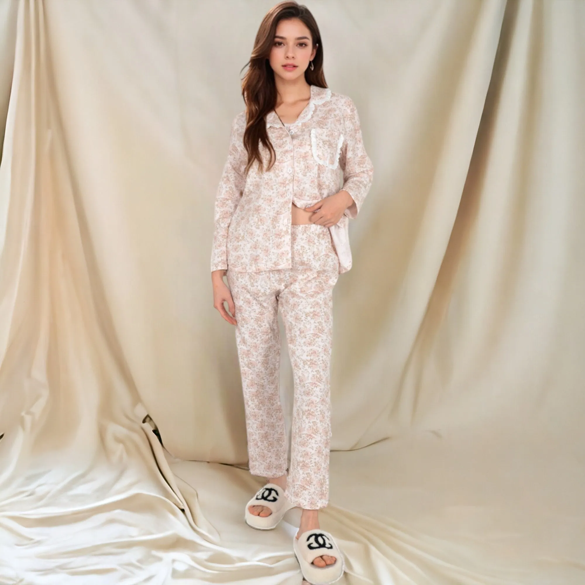 Anna-Kaci Women's Floral Print Button-Up Long Sleeve Pajama Set with Ruffle Details