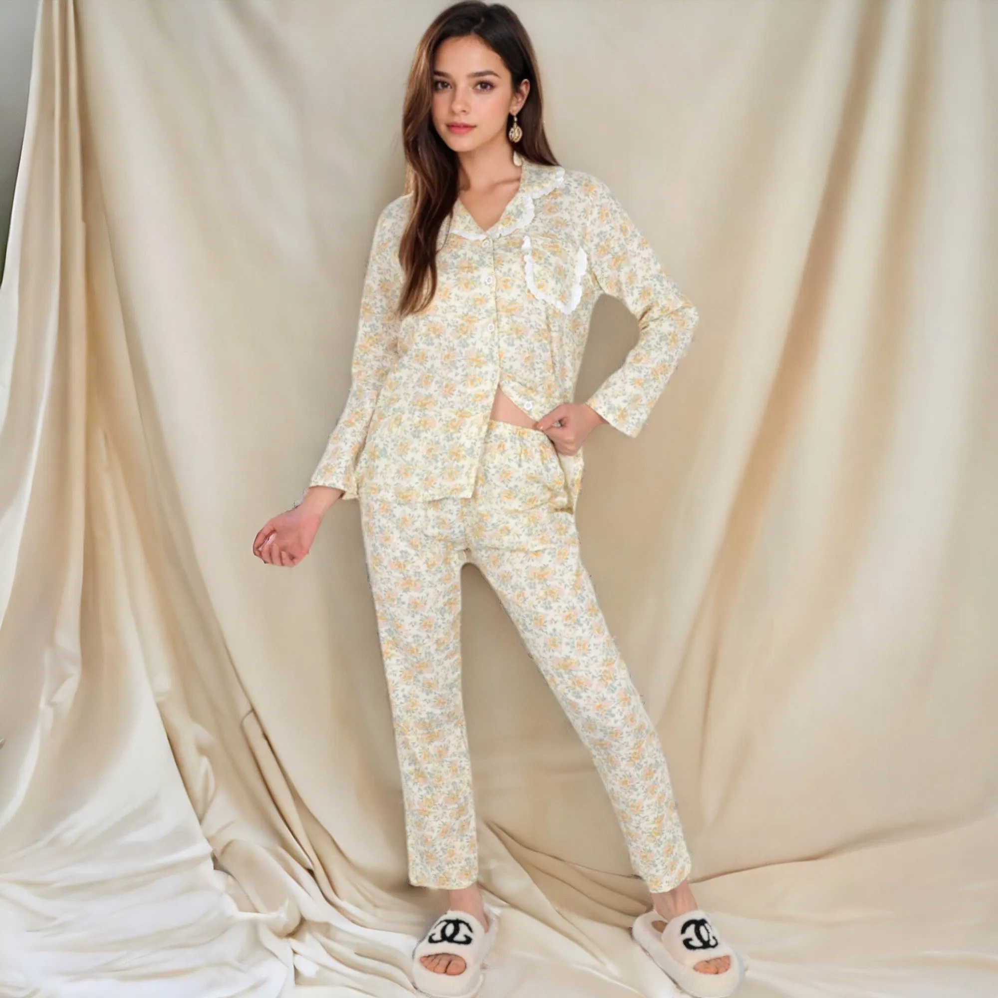 Anna-Kaci Women's Floral Print Button-Up Long Sleeve Pajama Set with Ruffle Details