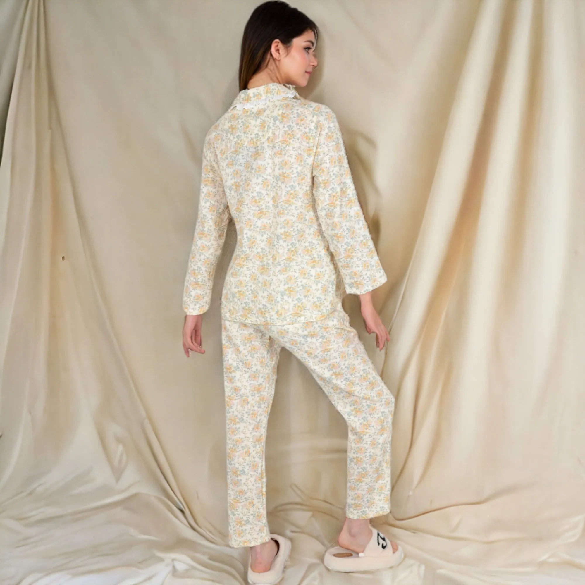 Anna-Kaci Women's Floral Print Button-Up Long Sleeve Pajama Set with Ruffle Details