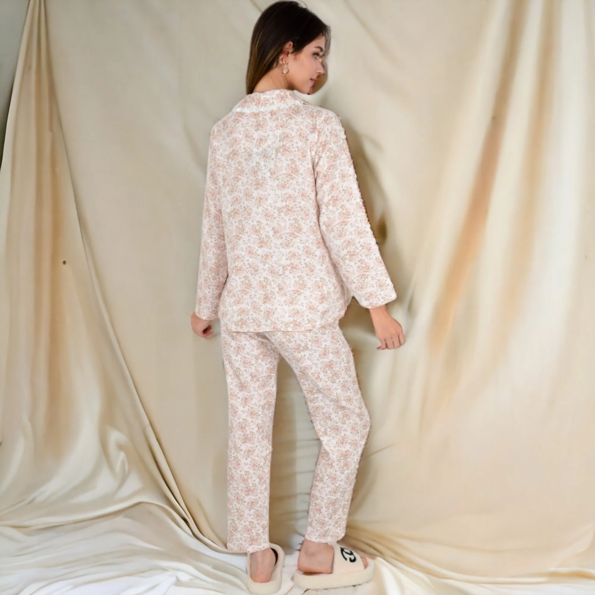 Anna-Kaci Women's Floral Print Button-Up Long Sleeve Pajama Set with Ruffle Details