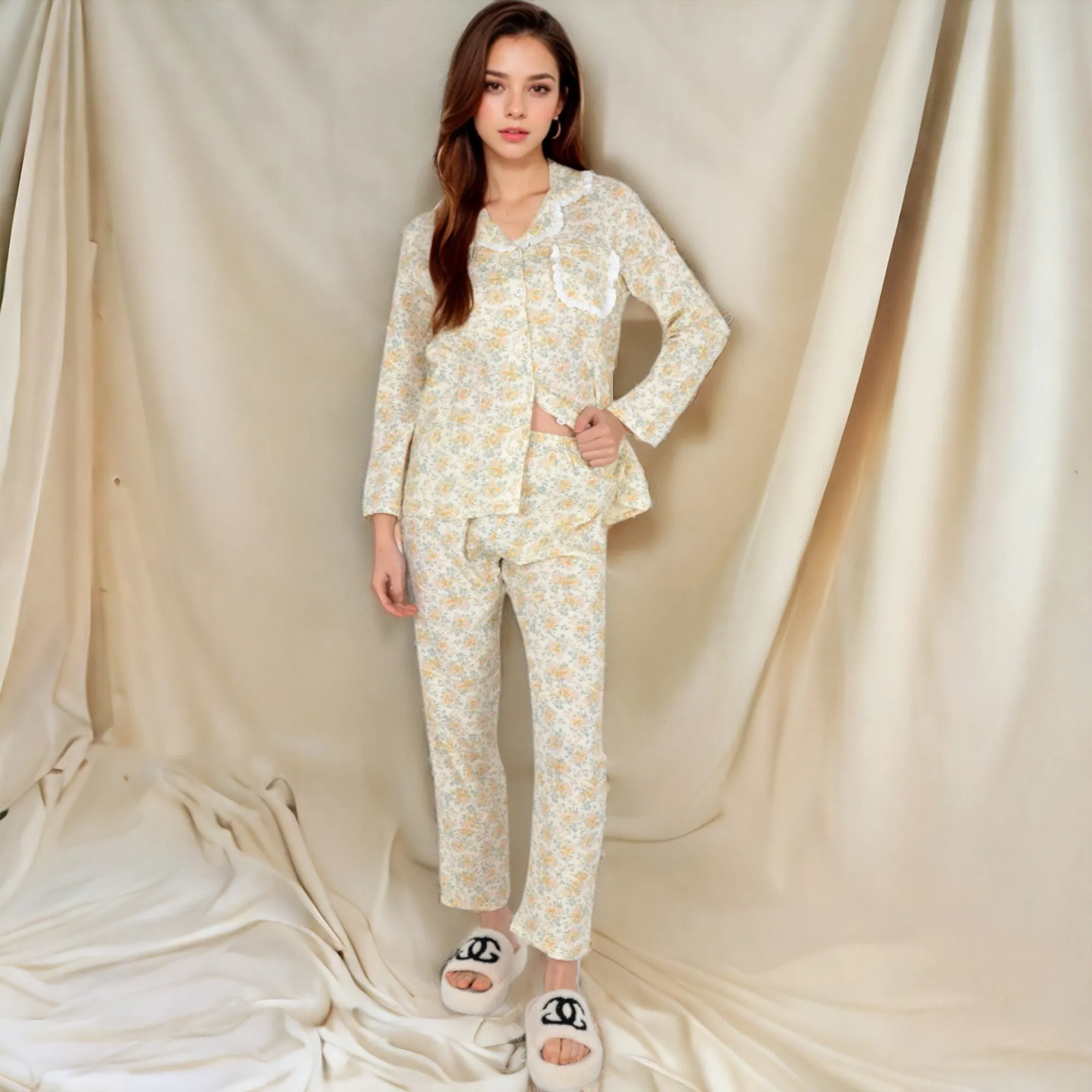 Anna-Kaci Women's Floral Print Button-Up Long Sleeve Pajama Set with Ruffle Details