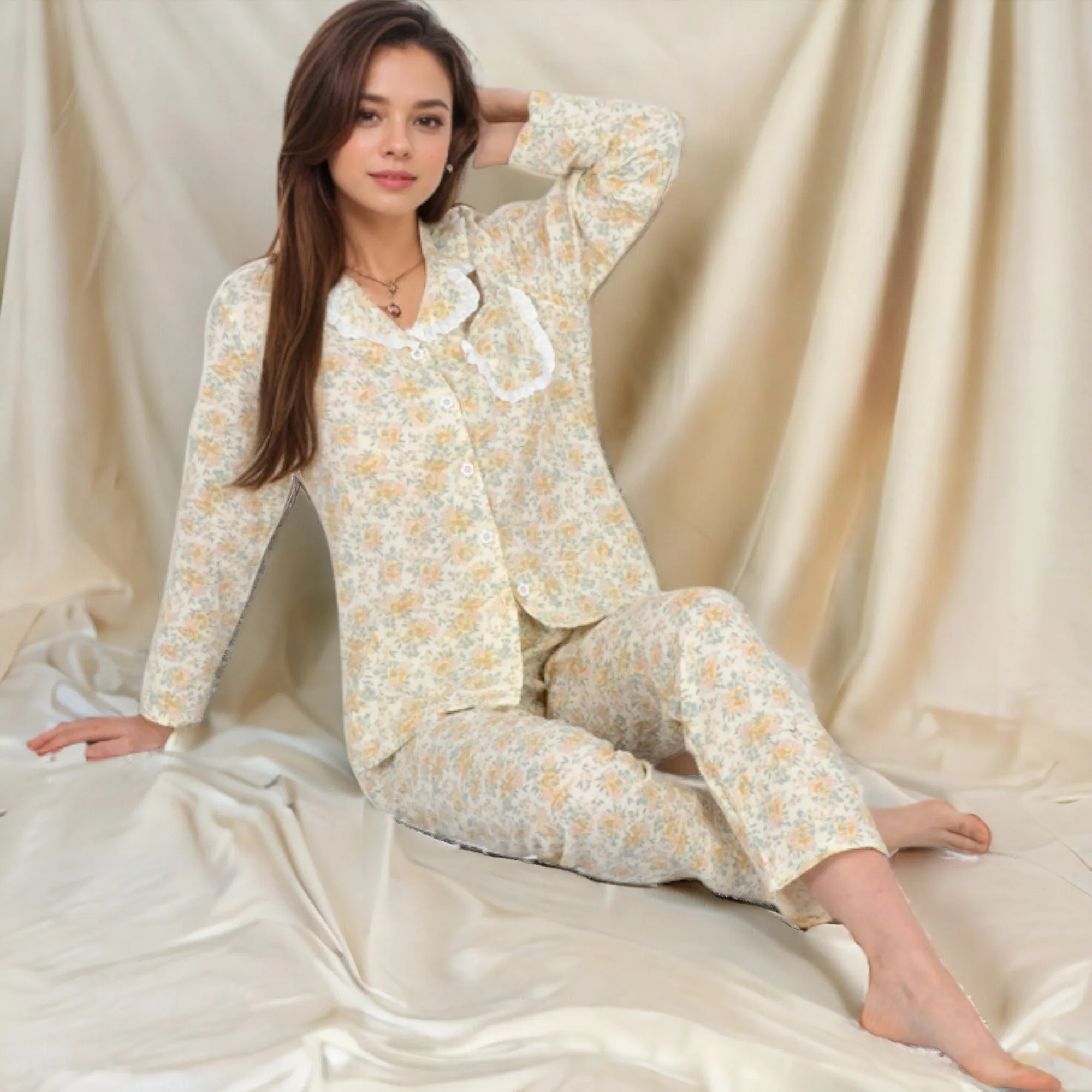 Anna-Kaci Women's Floral Print Button-Up Long Sleeve Pajama Set with Ruffle Details