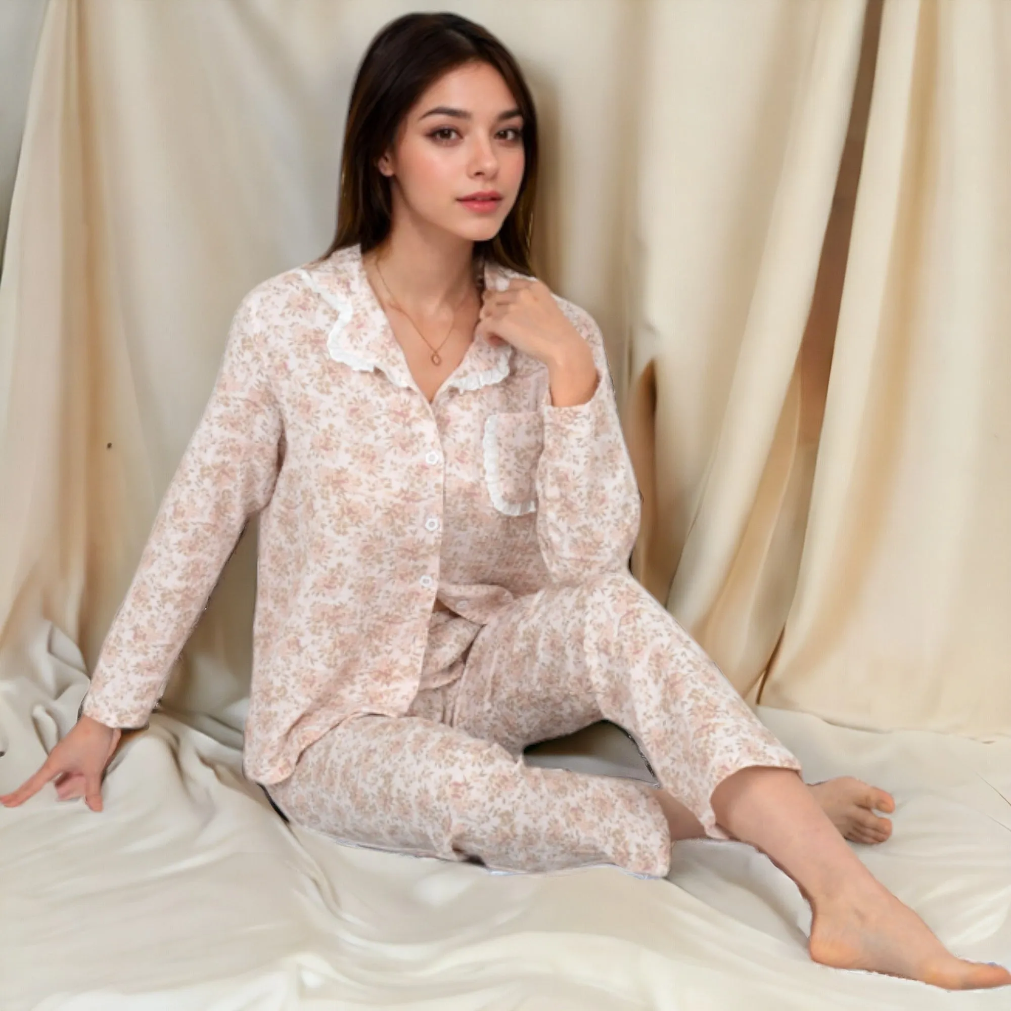 Anna-Kaci Women's Floral Print Button-Up Long Sleeve Pajama Set with Ruffle Details