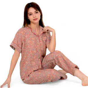 Anna-Kaci Women's Floral Print Short Sleeve Pajama Set with Button-Up Top and Piping Details
