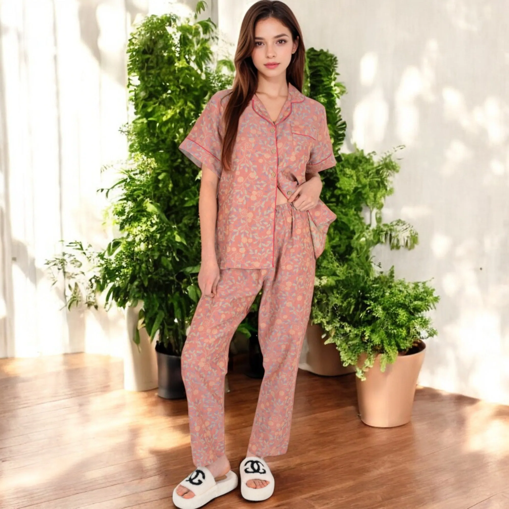 Anna-Kaci Women's Floral Print Short Sleeve Pajama Set with Button-Up Top and Piping Details