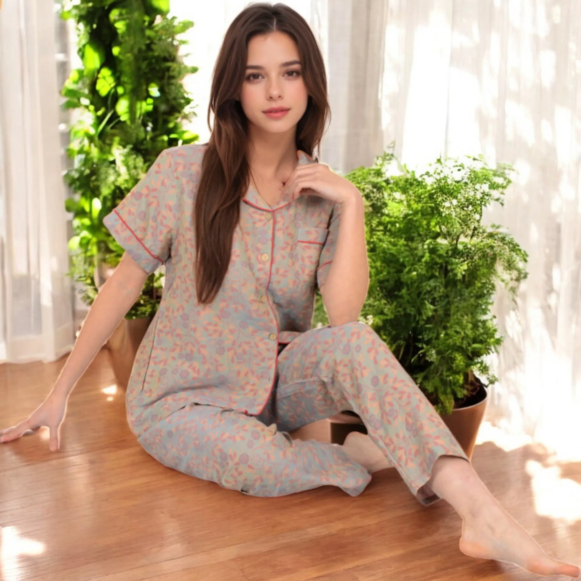 Anna-Kaci Women's Floral Print Short Sleeve Pajama Set with Button-Up Top and Piping Details