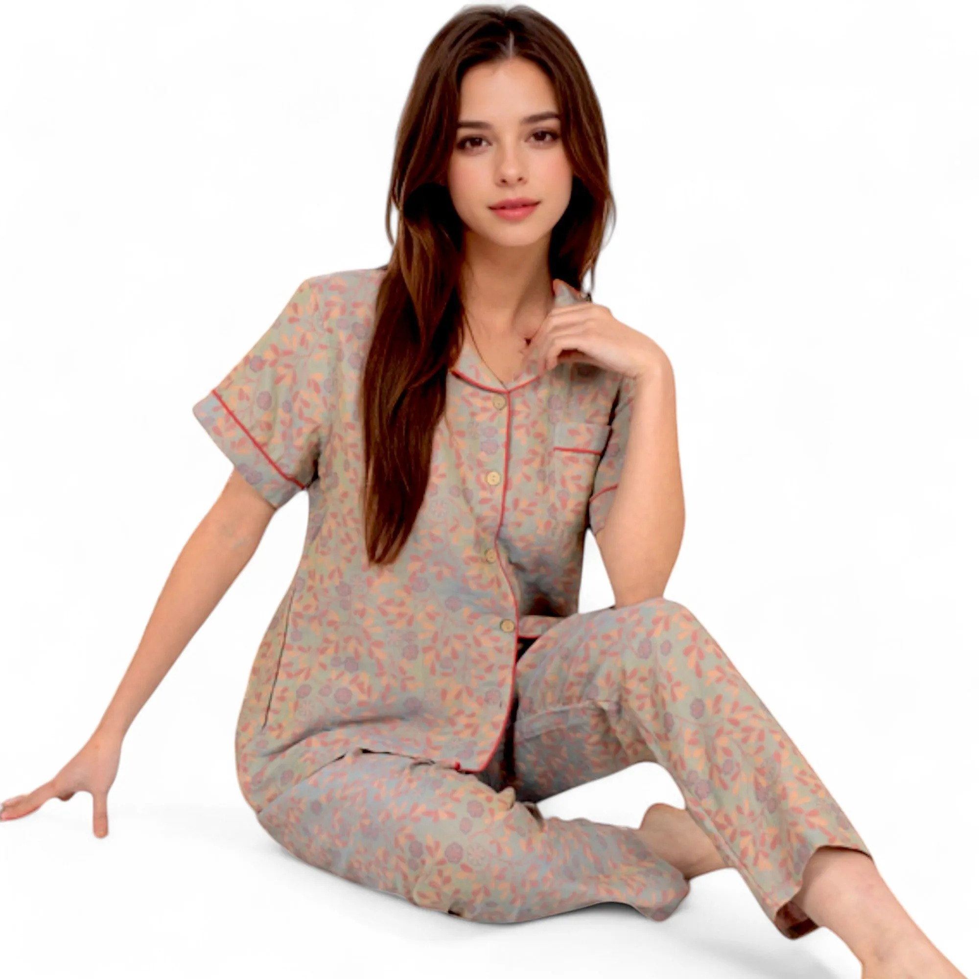 Anna-Kaci Women's Floral Print Short Sleeve Pajama Set with Button-Up Top and Piping Details