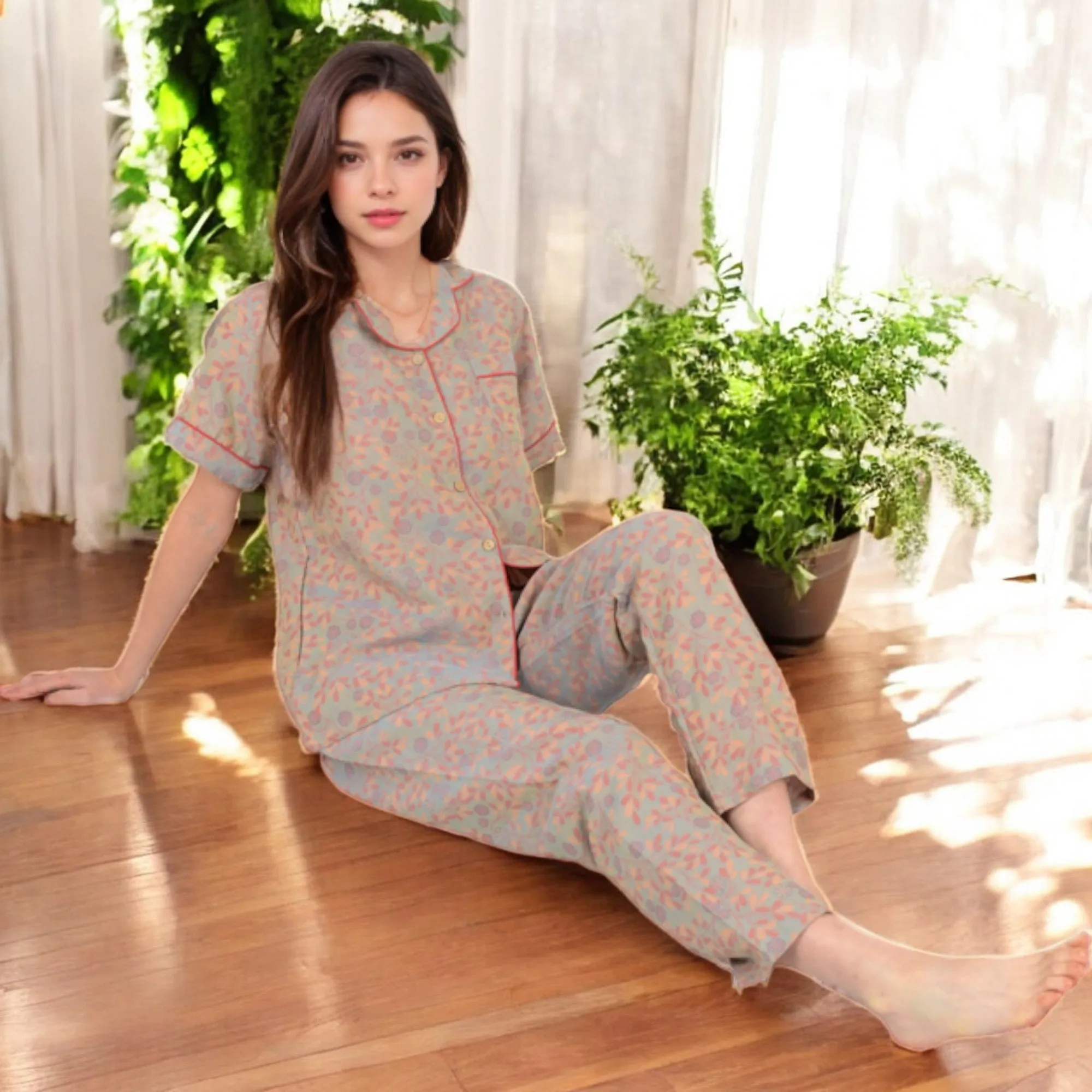 Anna-Kaci Women's Floral Print Short Sleeve Pajama Set with Button-Up Top and Piping Details