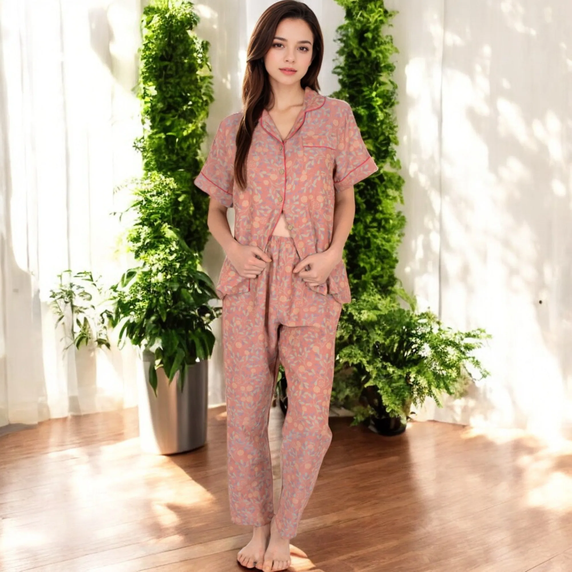 Anna-Kaci Women's Floral Print Short Sleeve Pajama Set with Button-Up Top and Piping Details