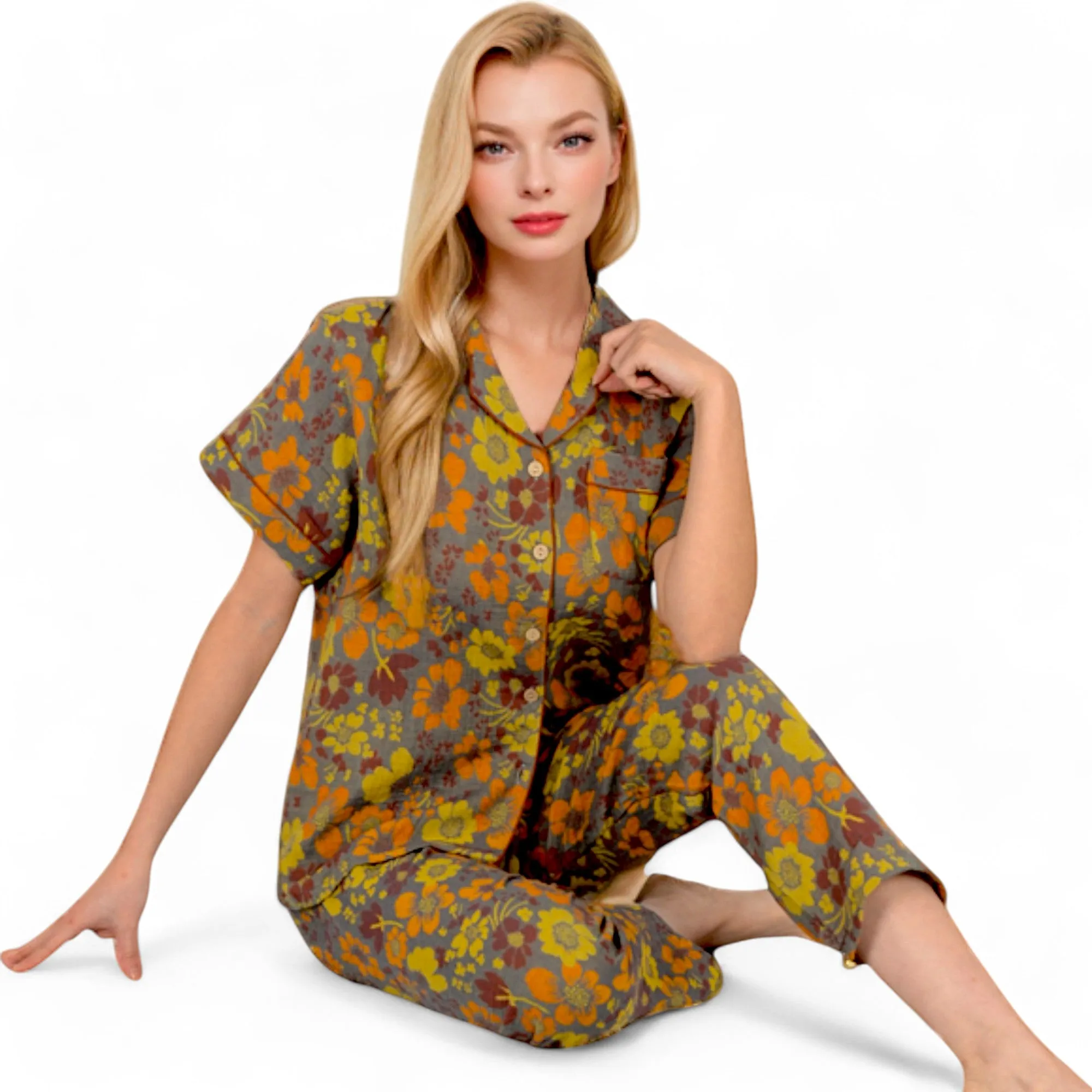 Anna-Kaci Women's Floral Print Short Sleeve Pajama Set with Button-Up Top and Piping Details