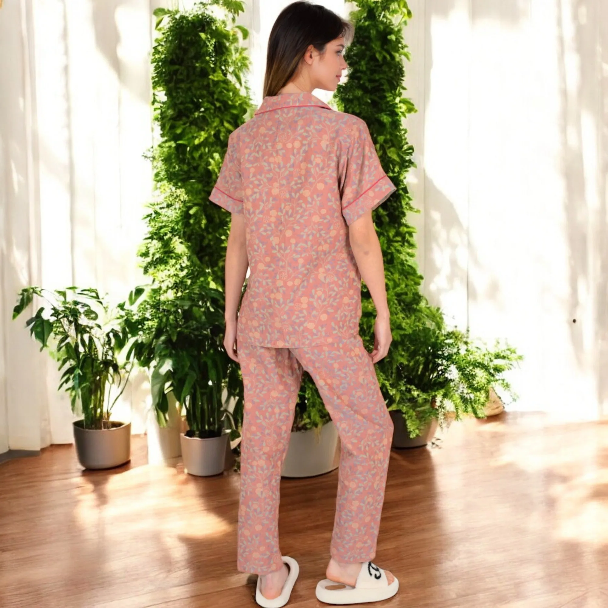 Anna-Kaci Women's Floral Print Short Sleeve Pajama Set with Button-Up Top and Piping Details