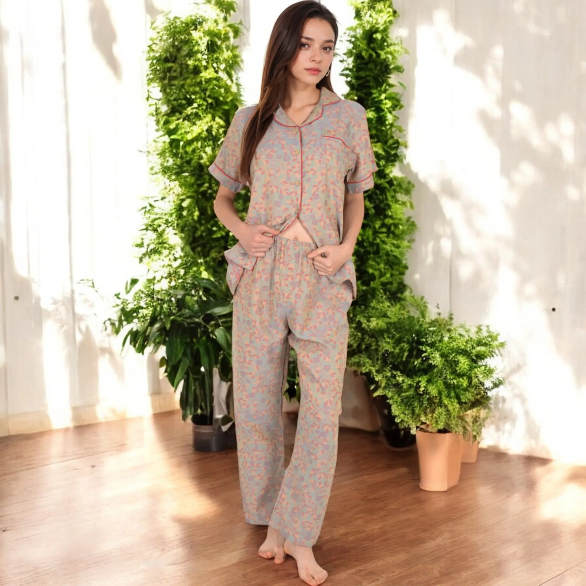 Anna-Kaci Women's Floral Print Short Sleeve Pajama Set with Button-Up Top and Piping Details