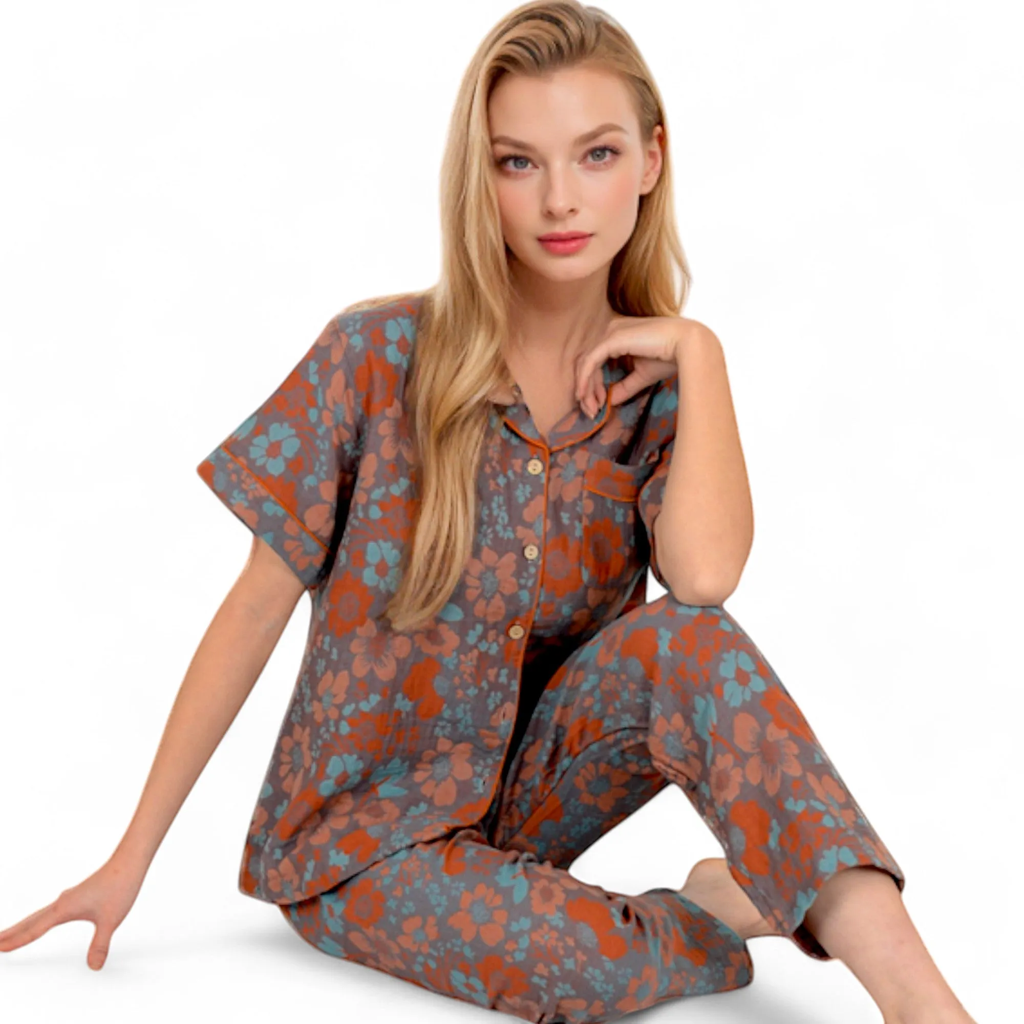 Anna-Kaci Women's Floral Print Short Sleeve Pajama Set with Button-Up Top and Piping Details