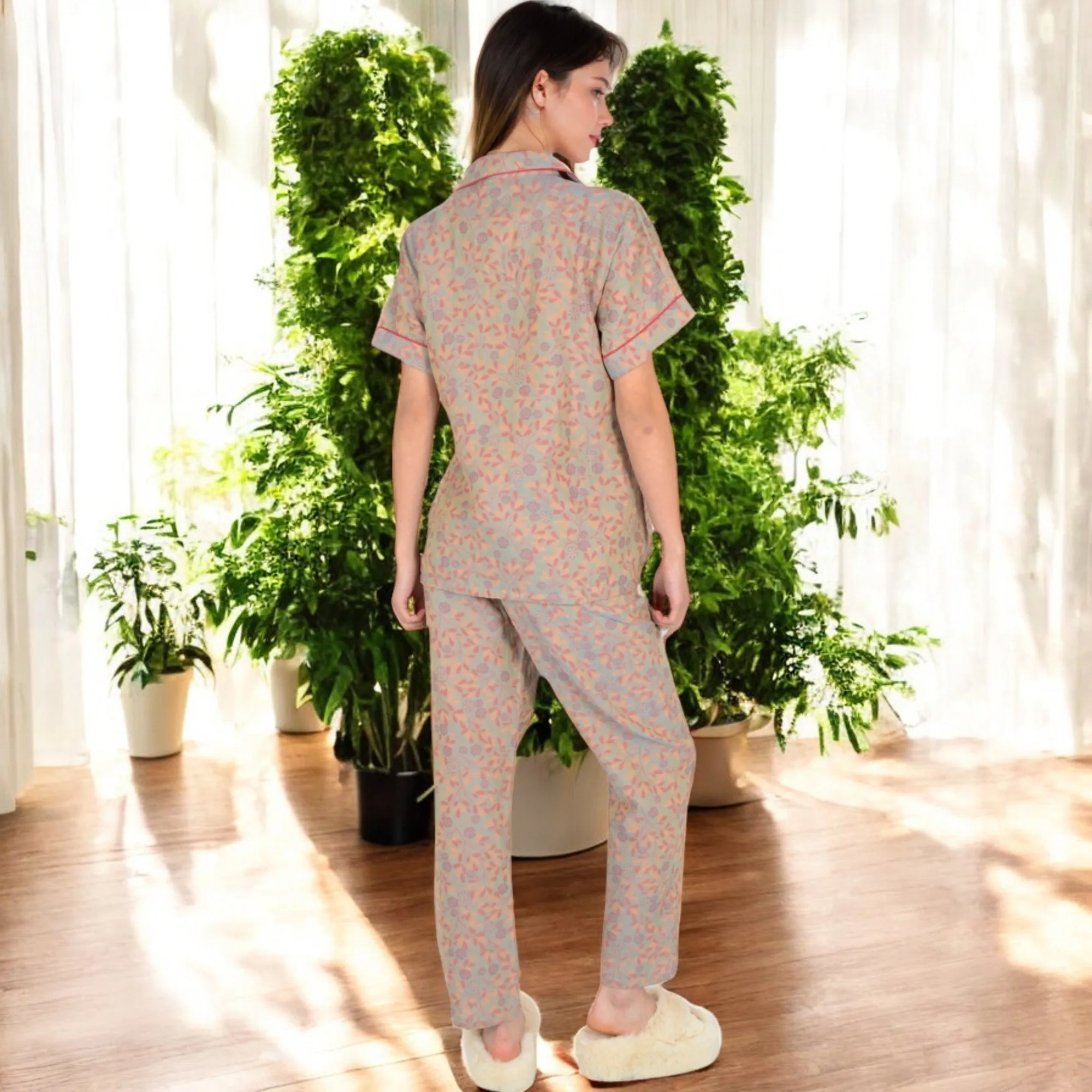 Anna-Kaci Women's Floral Print Short Sleeve Pajama Set with Button-Up Top and Piping Details
