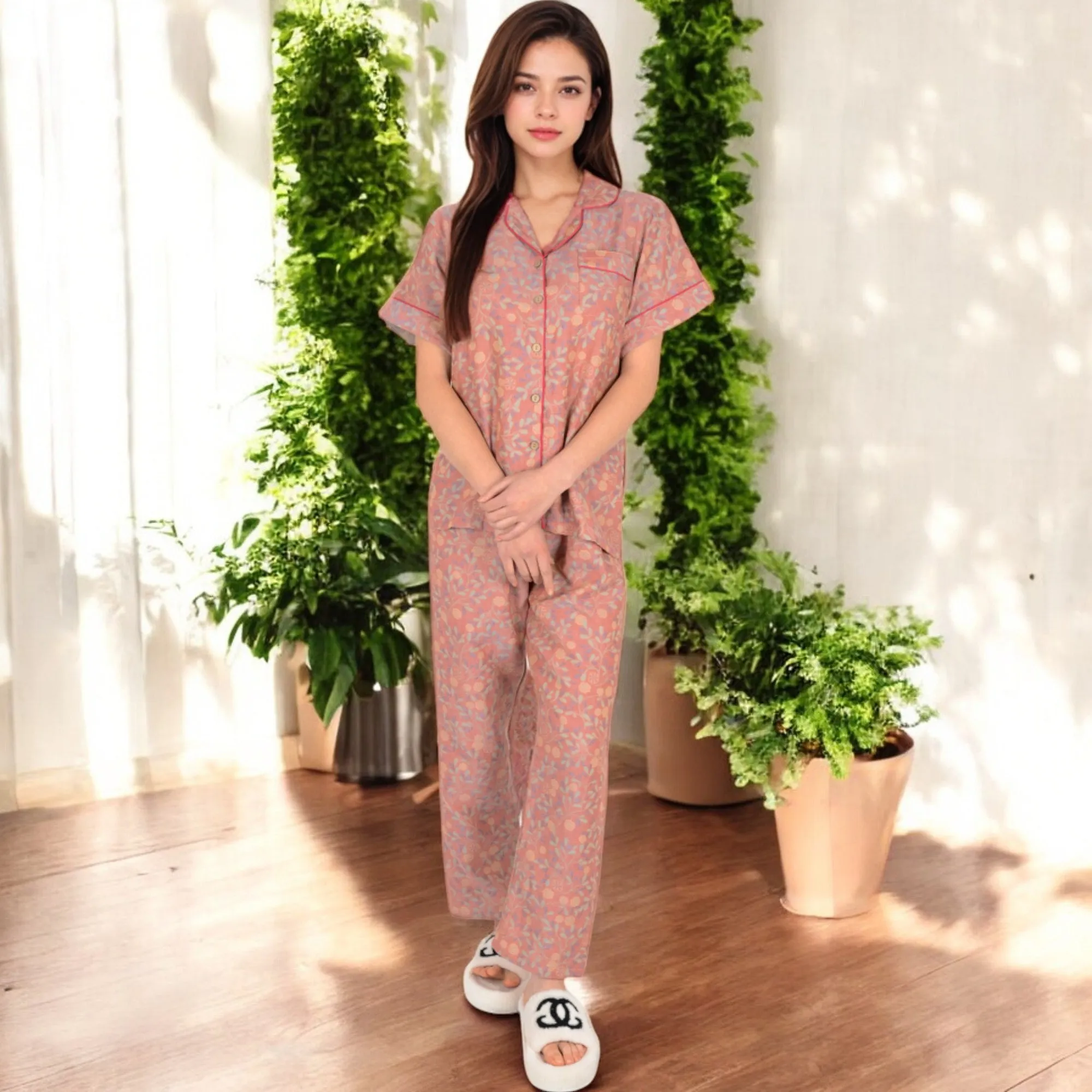 Anna-Kaci Women's Floral Print Short Sleeve Pajama Set with Button-Up Top and Piping Details