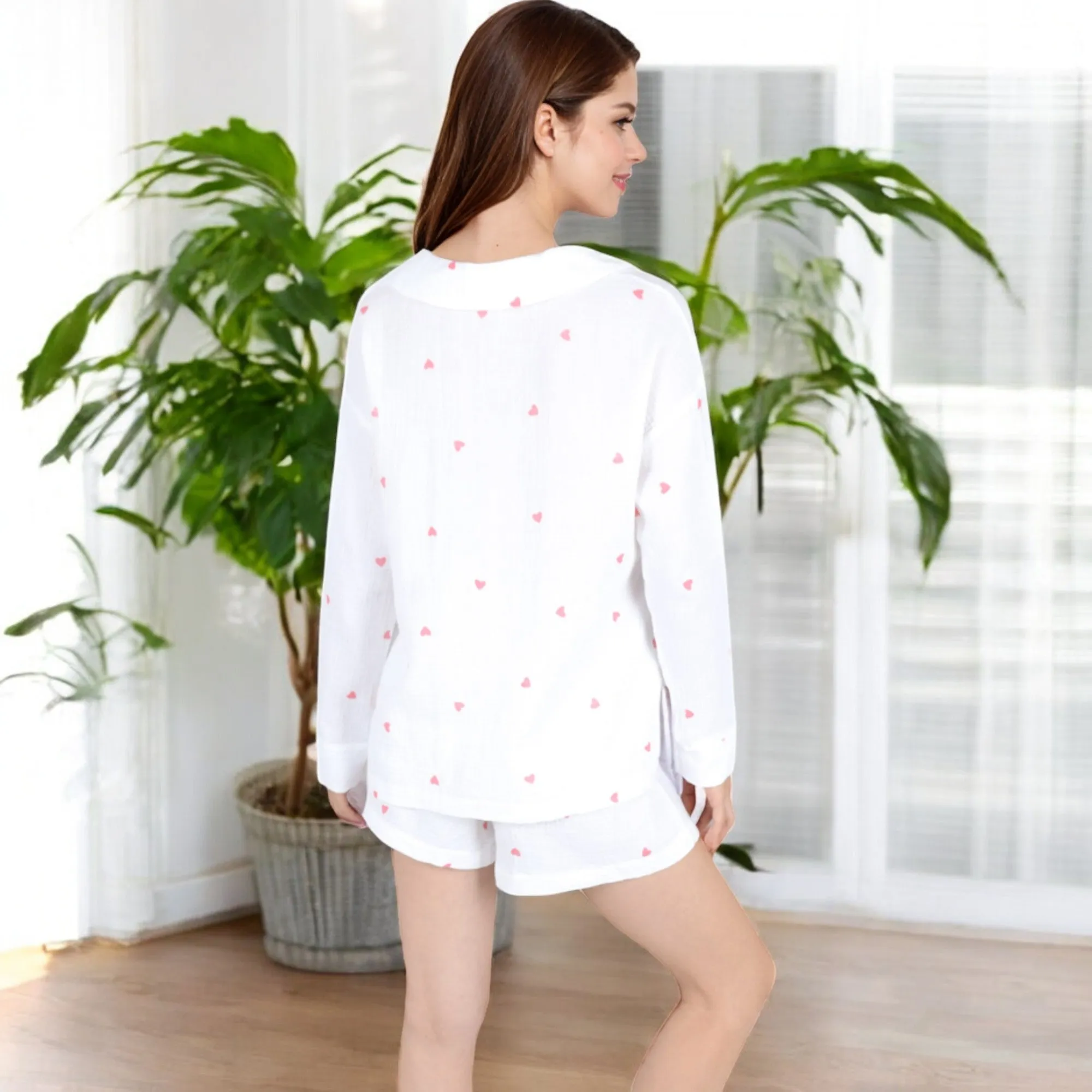 Anna-Kaci Women's Heart Print 2-Piece Pajama Set with Long Sleeve Button-Up Shirt and Relaxed Fit Elastic Waist Shorts