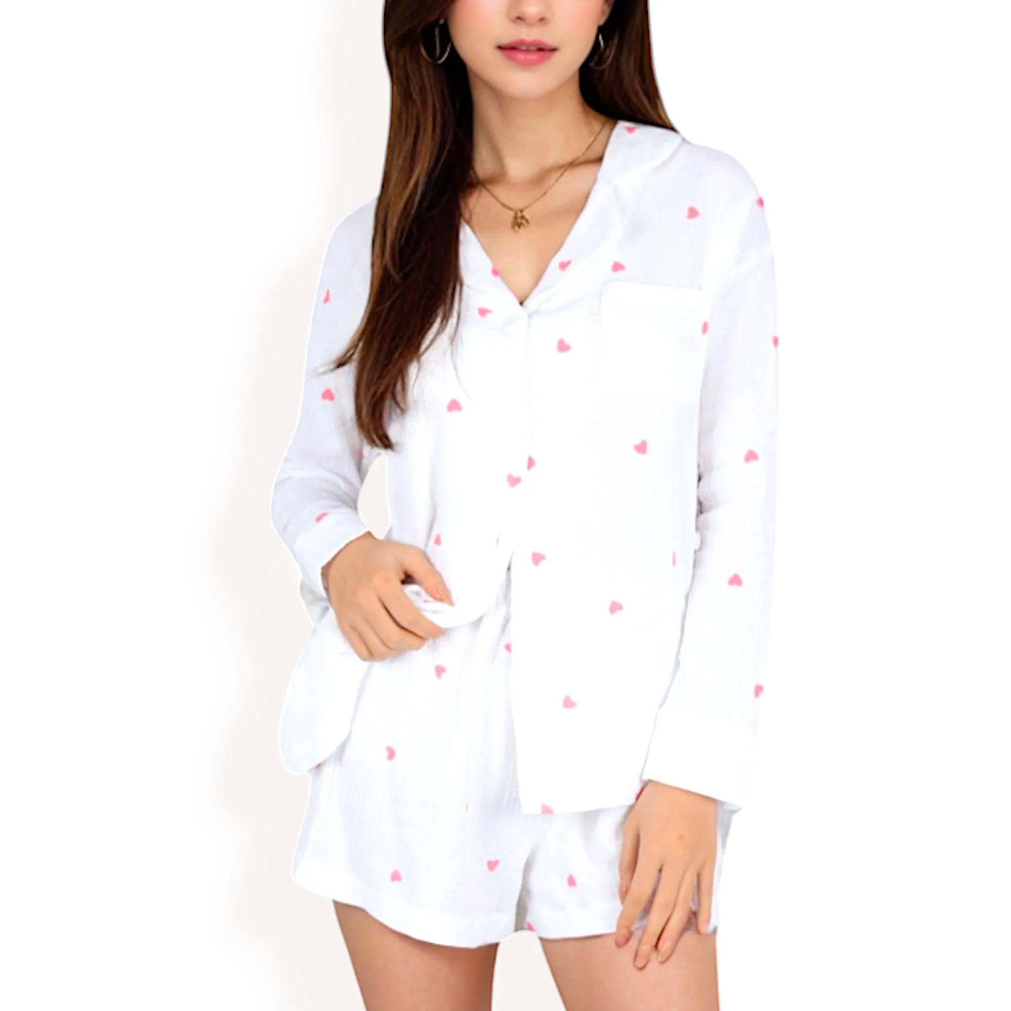 Anna-Kaci Women's Heart Print 2-Piece Pajama Set with Long Sleeve Button-Up Shirt and Relaxed Fit Elastic Waist Shorts