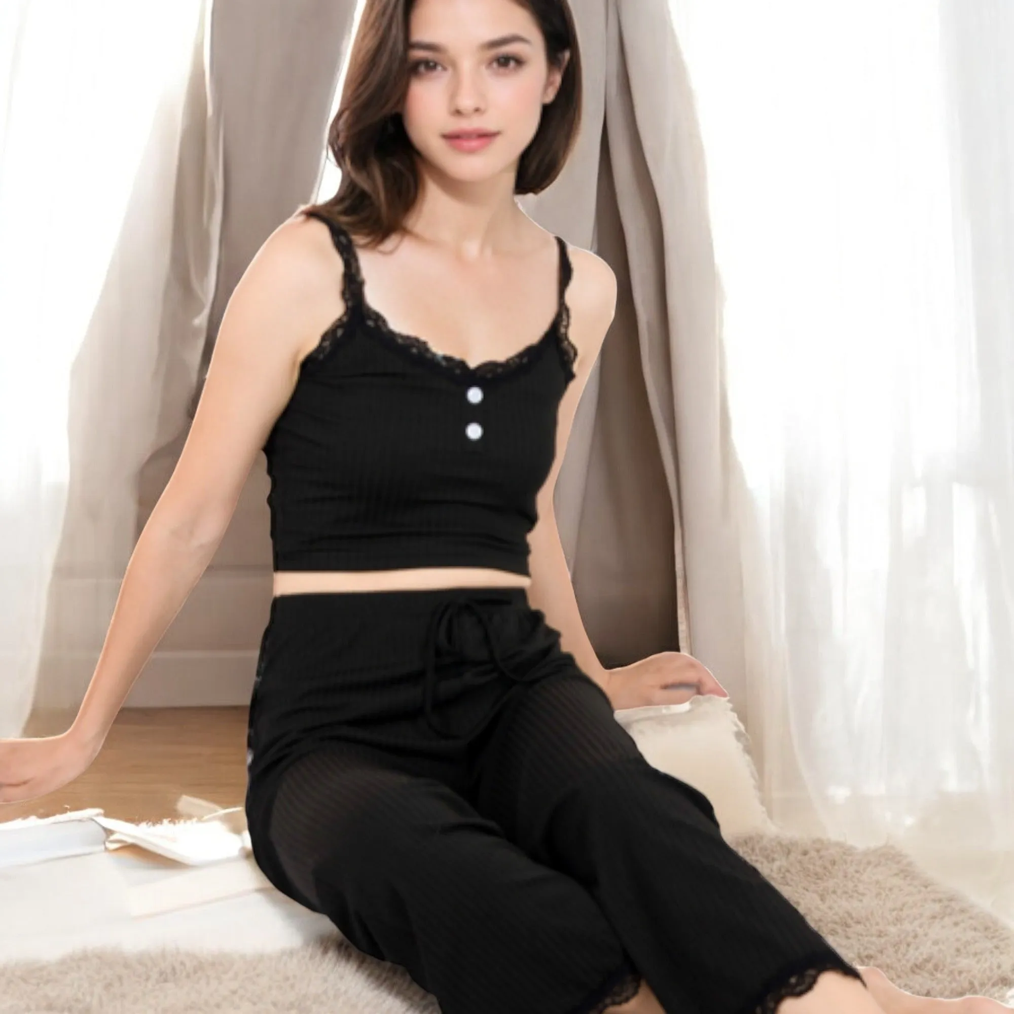 Anna-Kaci Women's Ribbed Tank and Drawstring Pants Lounge Set with Lace Trim